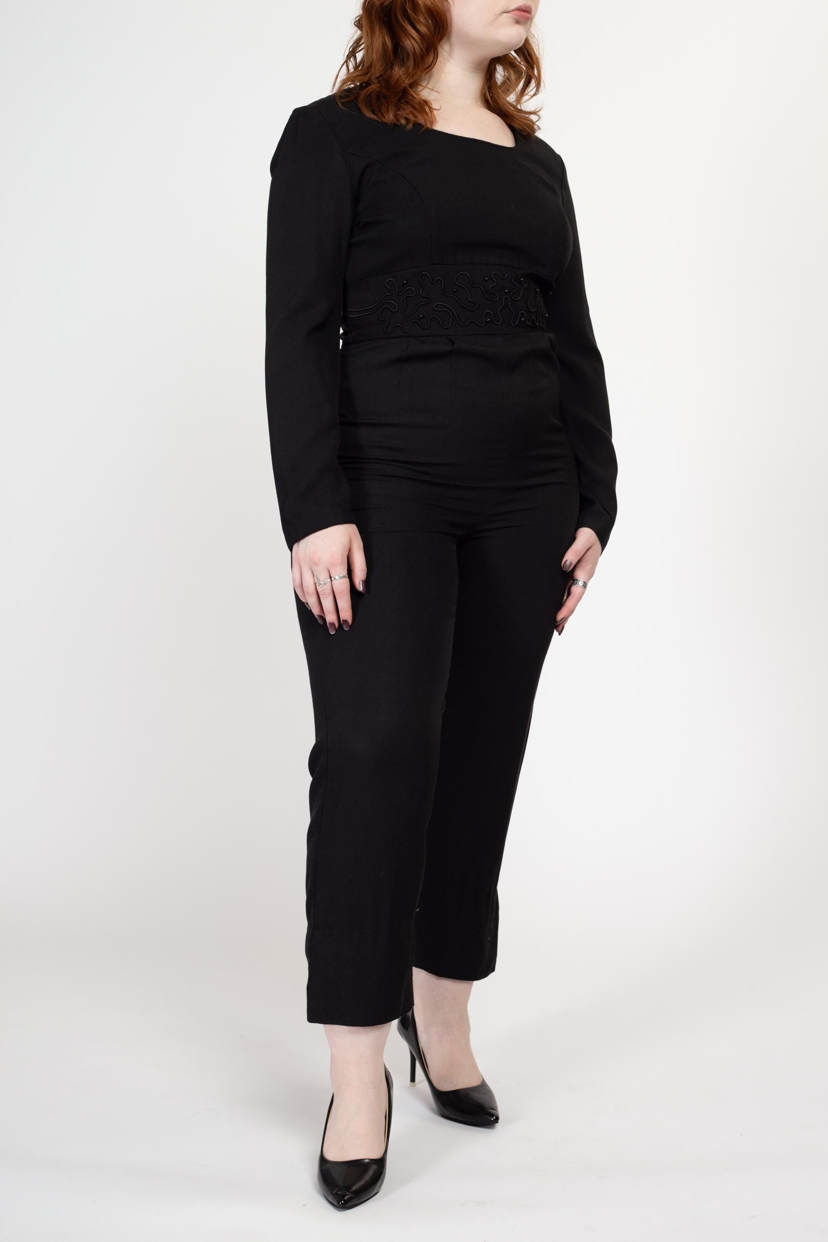 Medium 80s Black Soutache Trim Jumpsuit | Vintage Power Suit Long Sleeve Tapered Leg Pantsuit