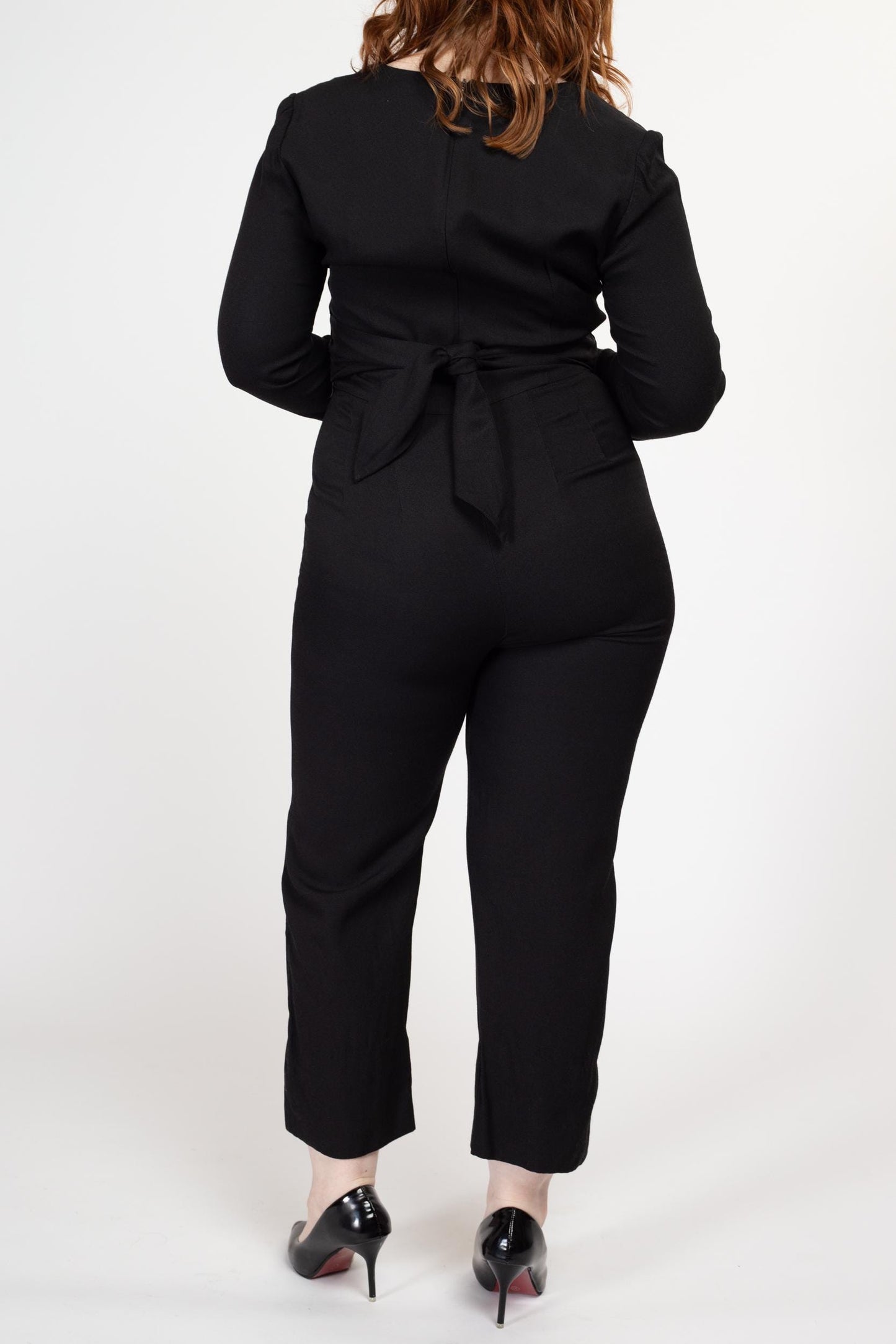 Medium 80s Black Soutache Trim Jumpsuit | Vintage Power Suit Long Sleeve Tapered Leg Pantsuit