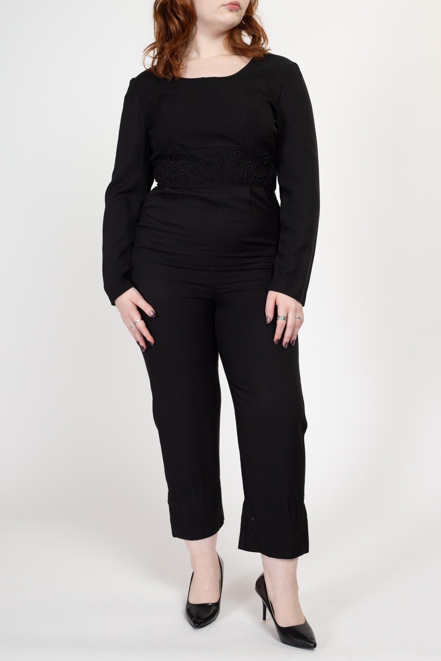 Medium 80s Black Soutache Trim Jumpsuit | Vintage Power Suit Long Sleeve Tapered Leg Pantsuit