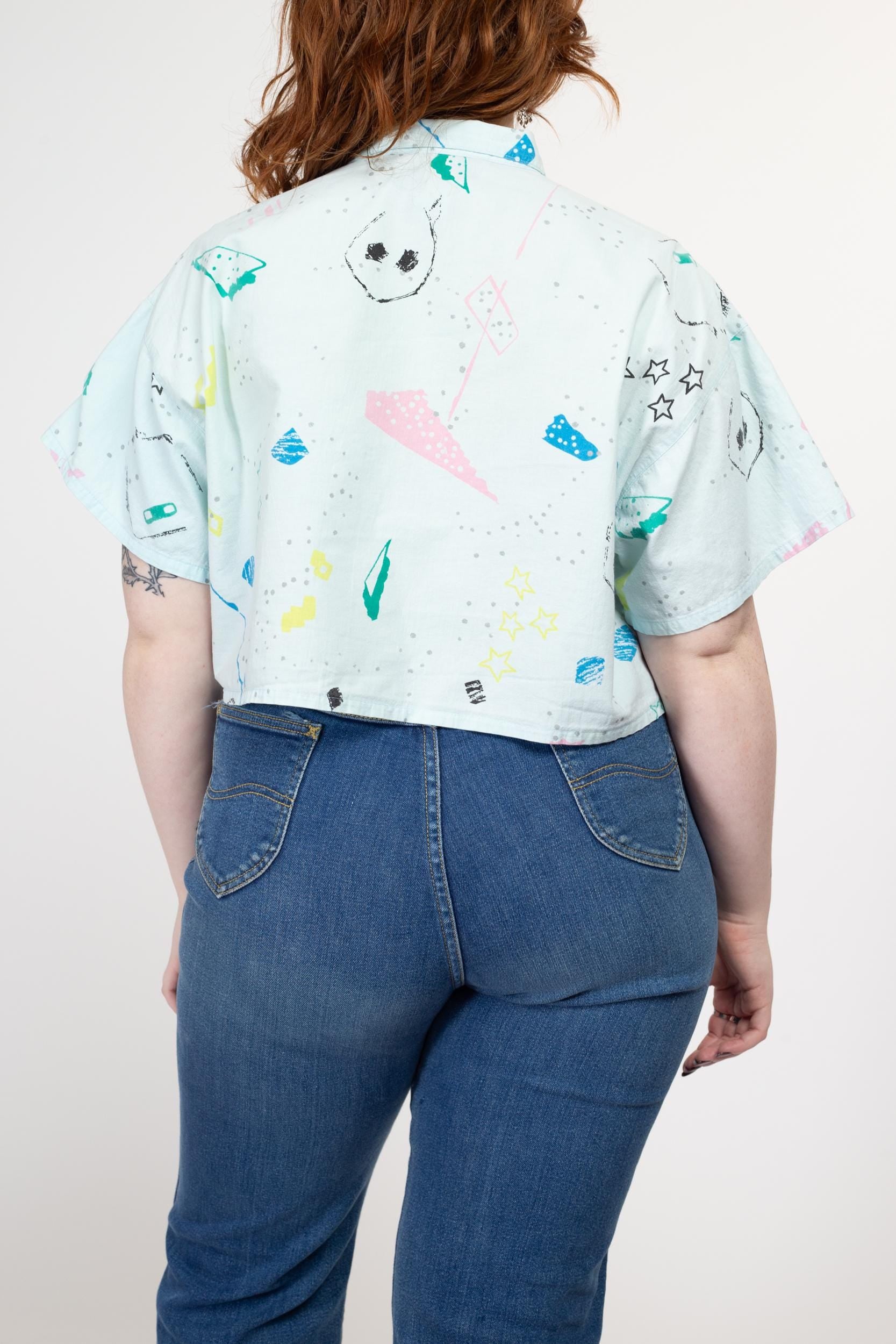 Small-Lrg 80s Vaporwave Print Streetwear Crop Top | Vintage Light Blue Oversized Button Up Collared Cropped Shirt