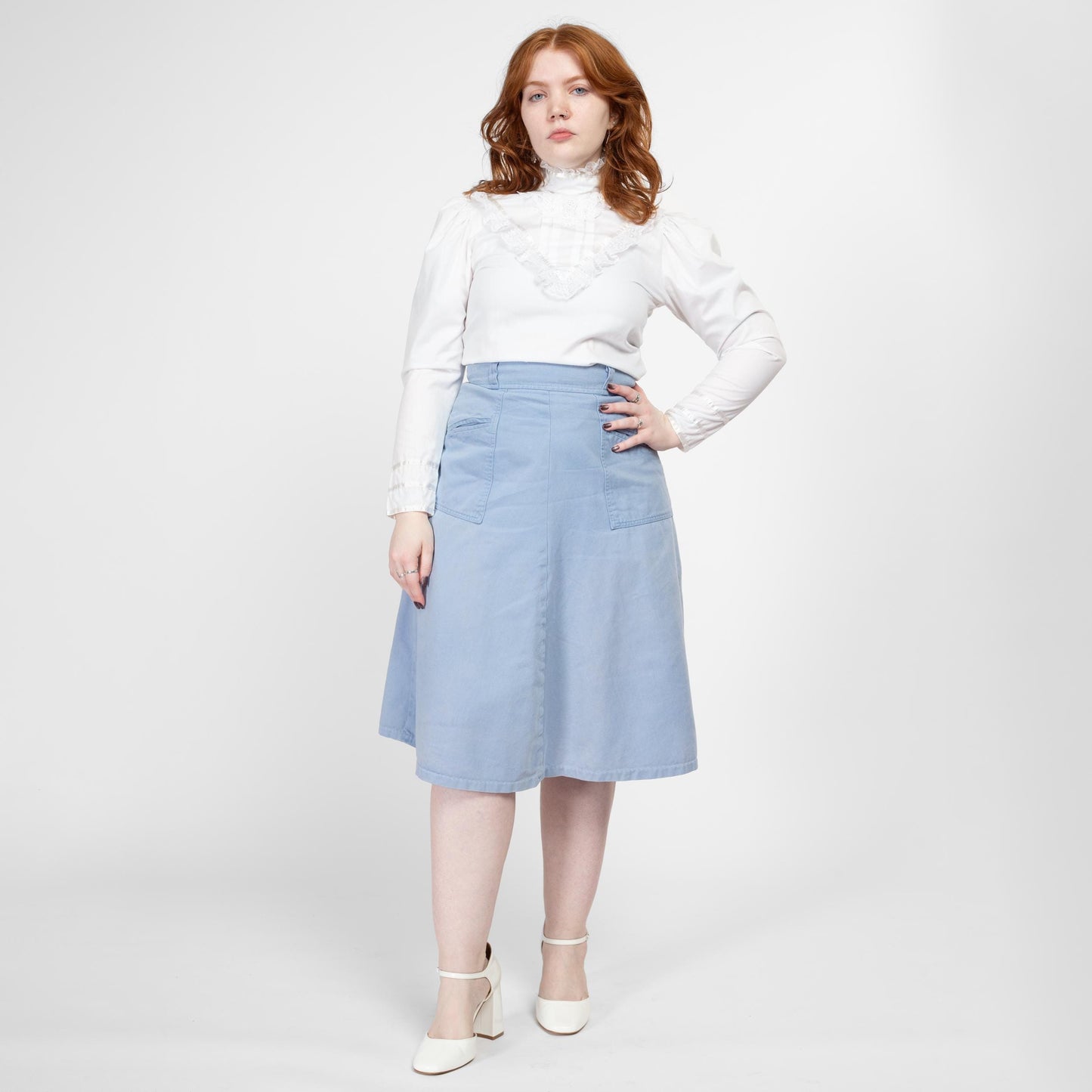 Medium 70s Light Blue Pocket Midi Skirt 29" | Vintage Belted Retro High Waisted A-Line Cotton Skirt