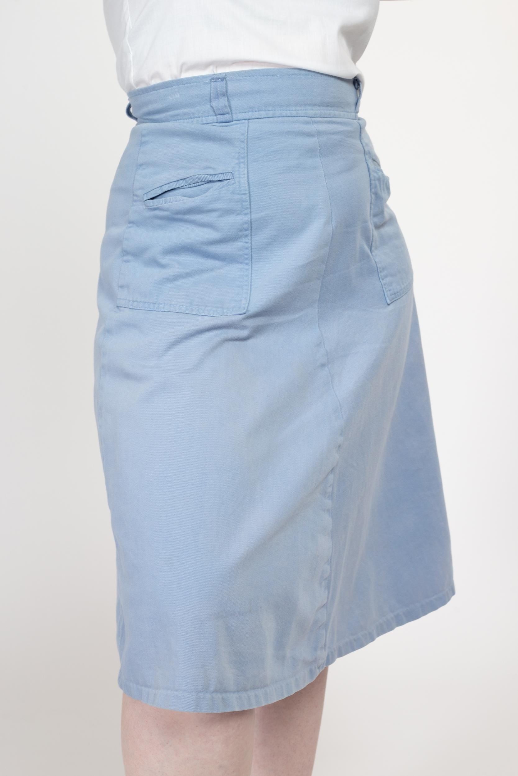 Medium 70s Light Blue Pocket Midi Skirt 29" | Vintage Belted Retro High Waisted A-Line Cotton Skirt