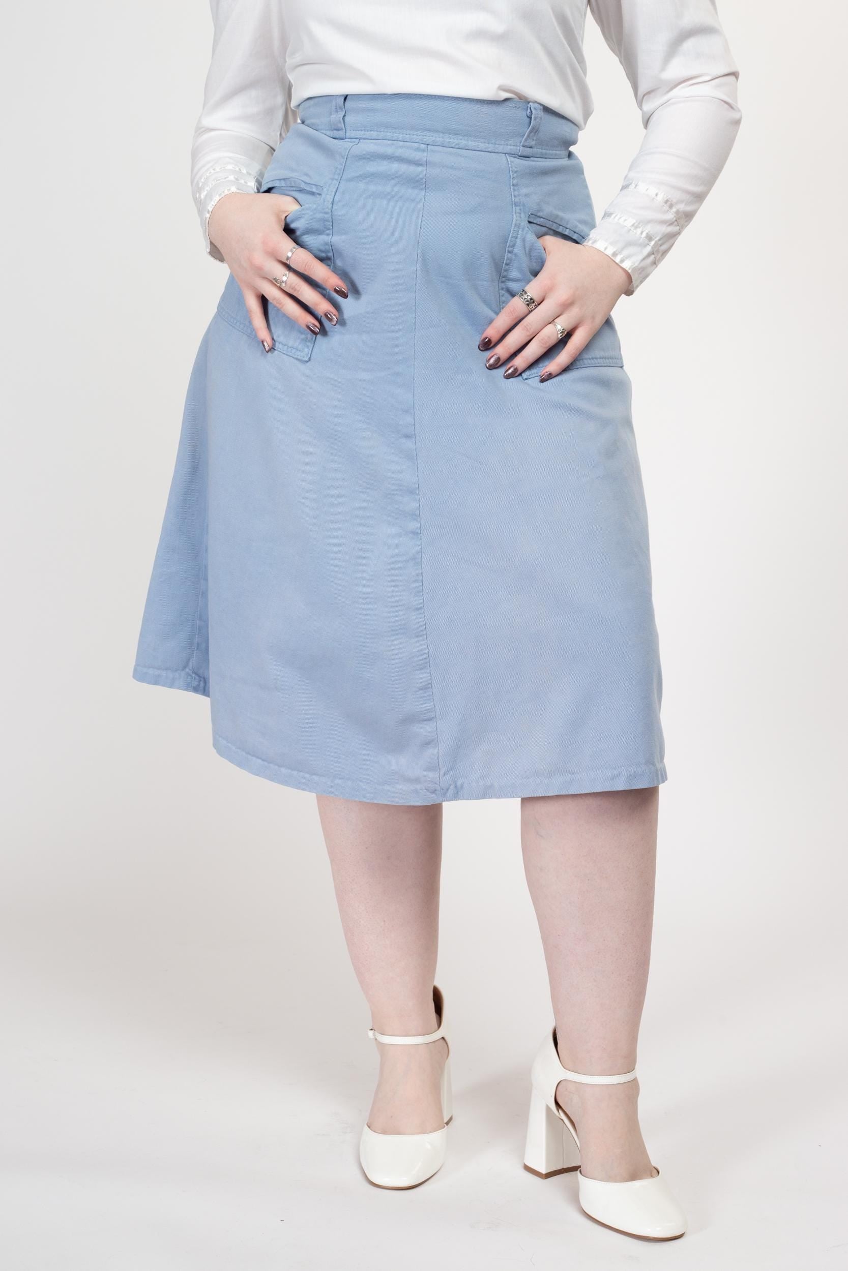 Medium 70s Light Blue Pocket Midi Skirt 29" | Vintage Belted Retro High Waisted A-Line Cotton Skirt