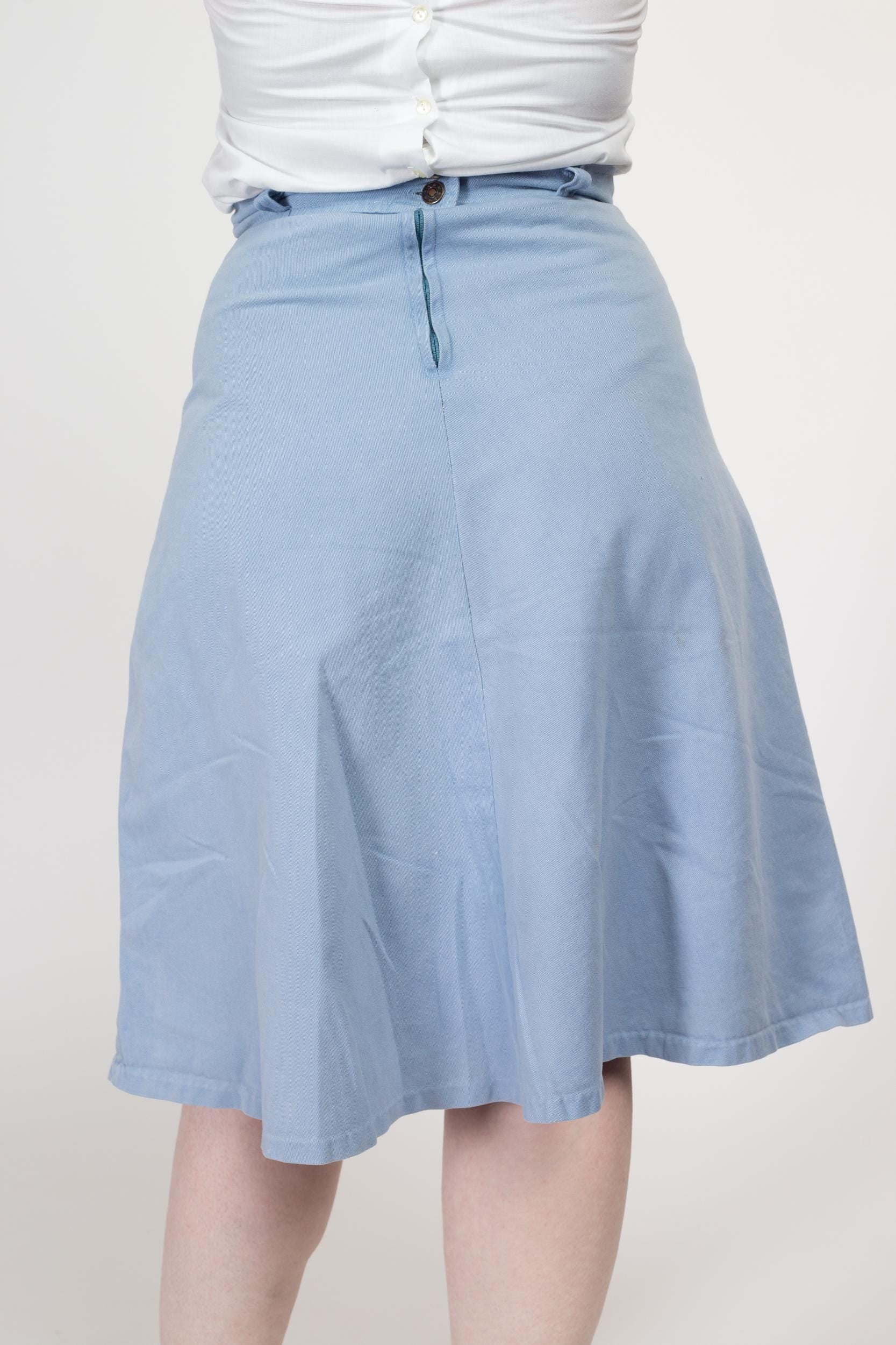 Medium 70s Light Blue Pocket Midi Skirt 29" | Vintage Belted Retro High Waisted A-Line Cotton Skirt