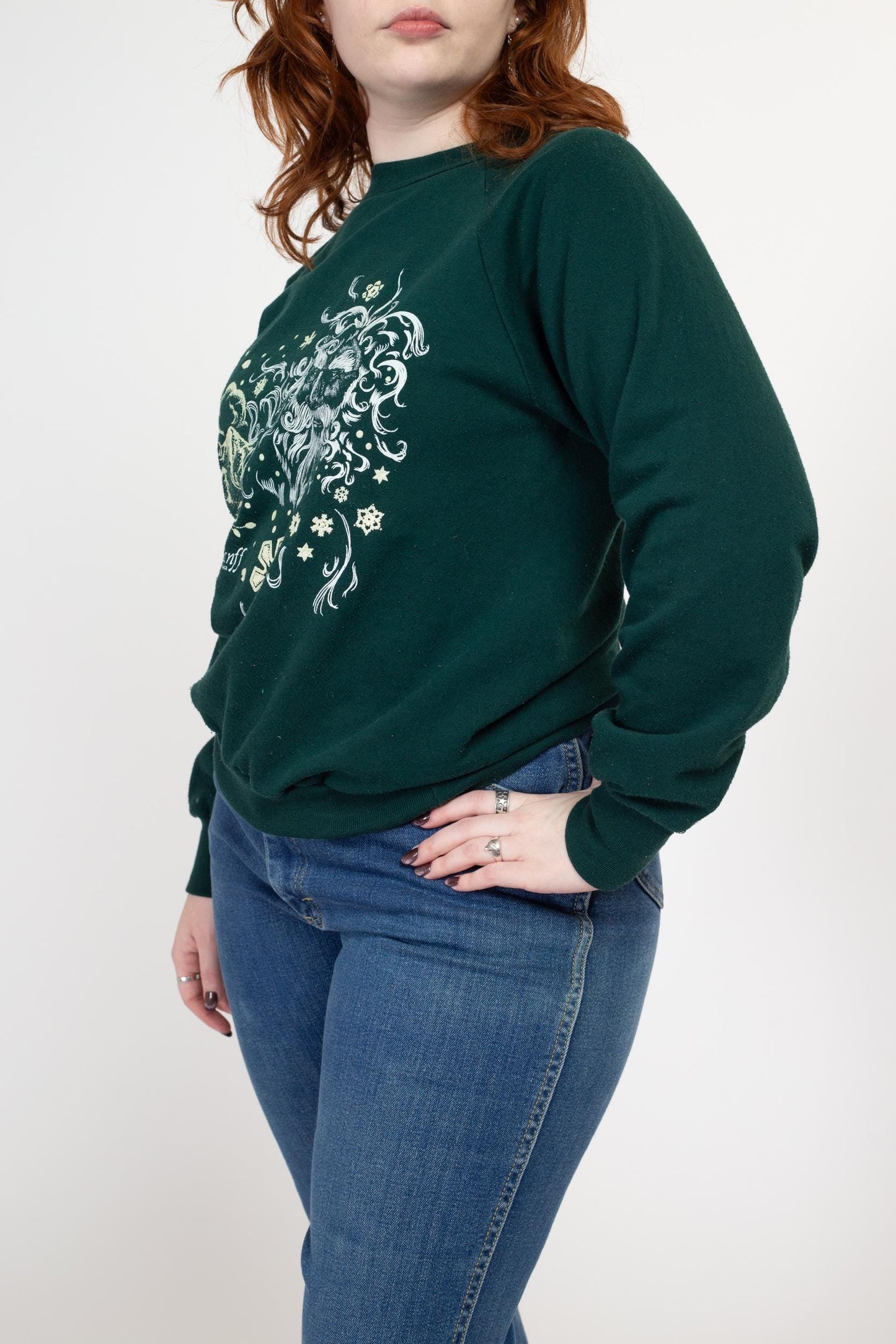 Medium 90s Jack Frost Winter Sweatshirt | Vintage Forest Green Graphic Christmas Crewneck