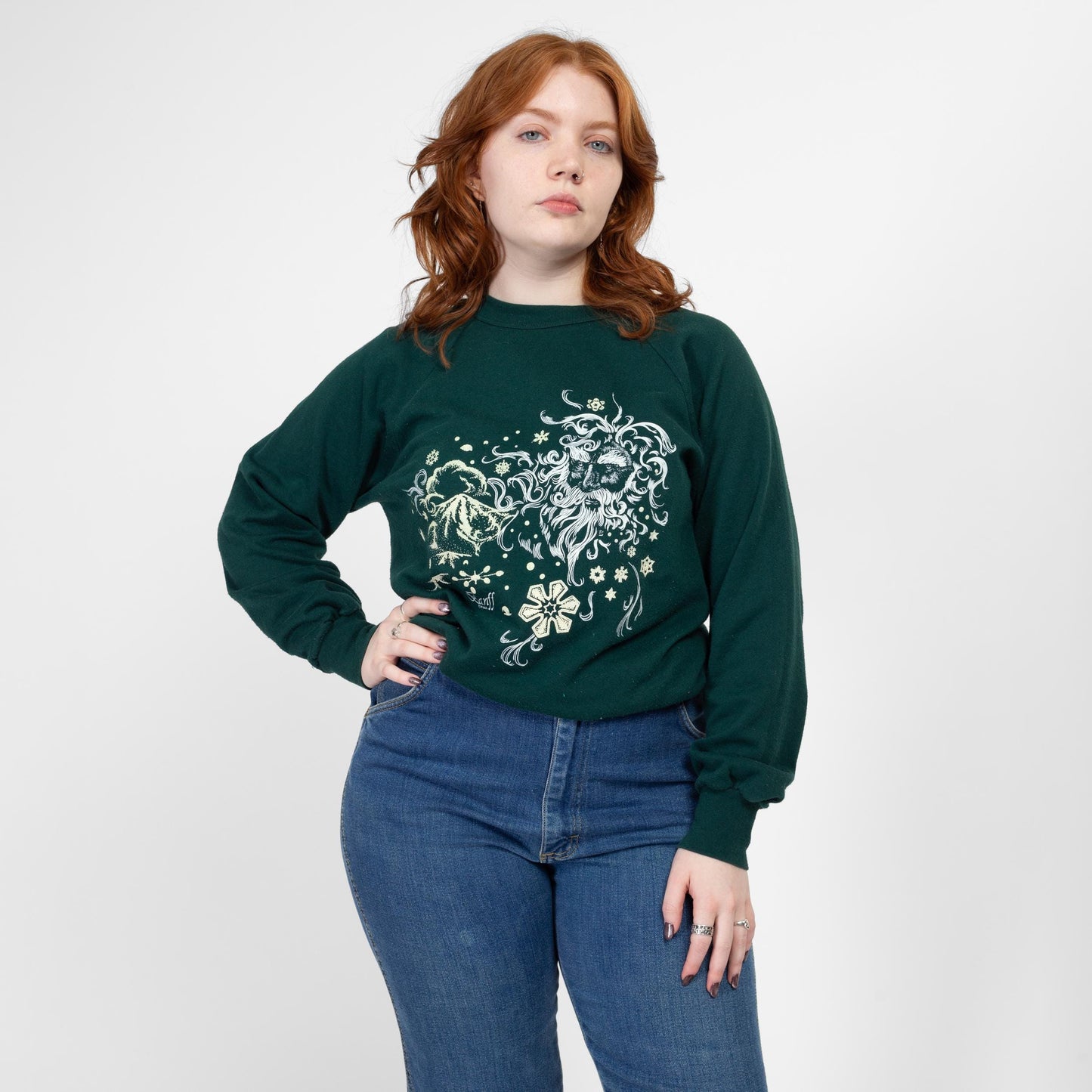 Medium 90s Jack Frost Winter Sweatshirt | Vintage Forest Green Graphic Christmas Crewneck