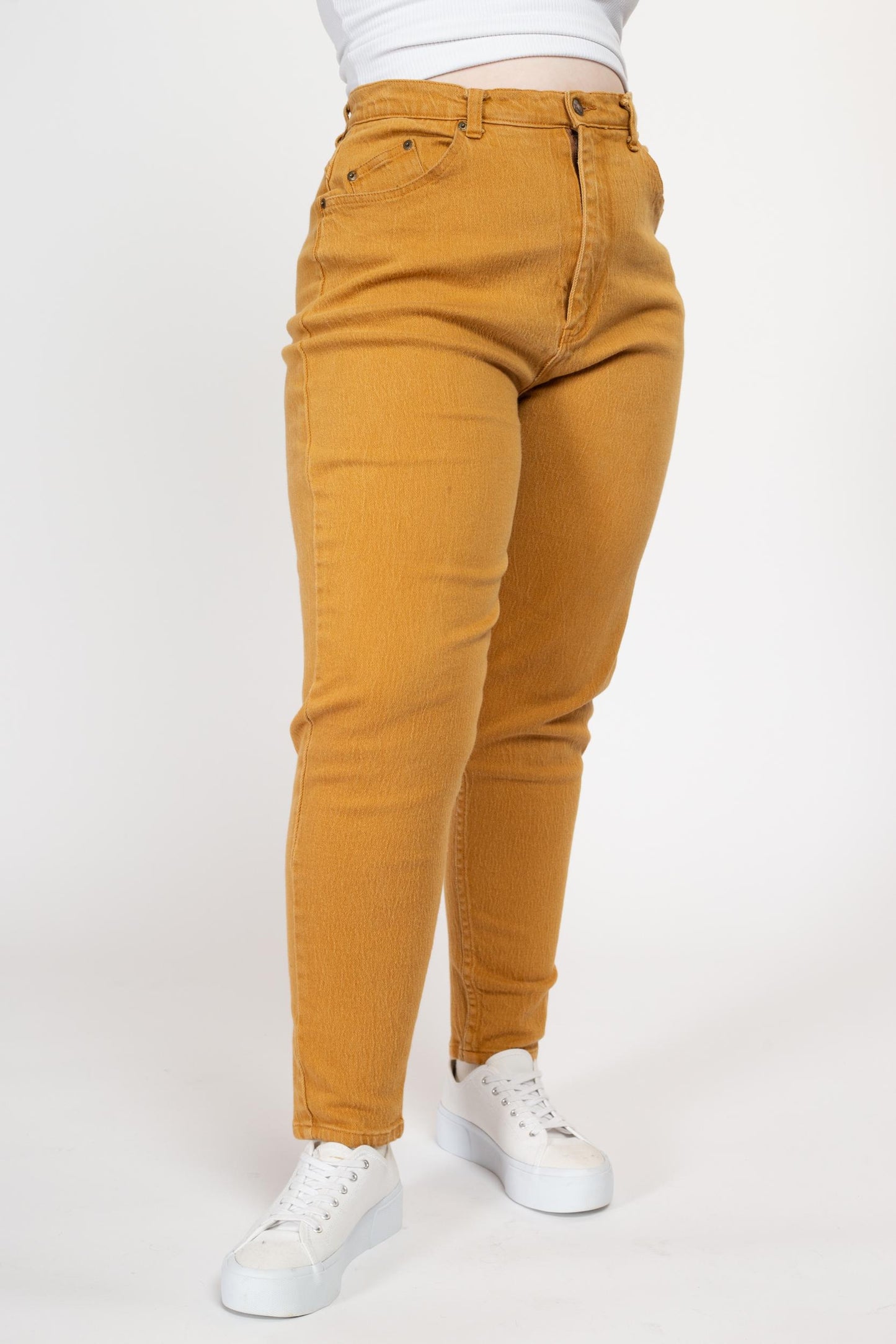 Large 80s Mustard Yellow High Waisted Skinny Jeans 32"-34" | Vintage Stefano Denim Stretchy Curvy Fit Mom Jeans