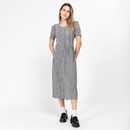 XS 90s Black & White Gingham Tie Back Midi Dress | Vintage Short Sleeve Grunge Boho Sundress