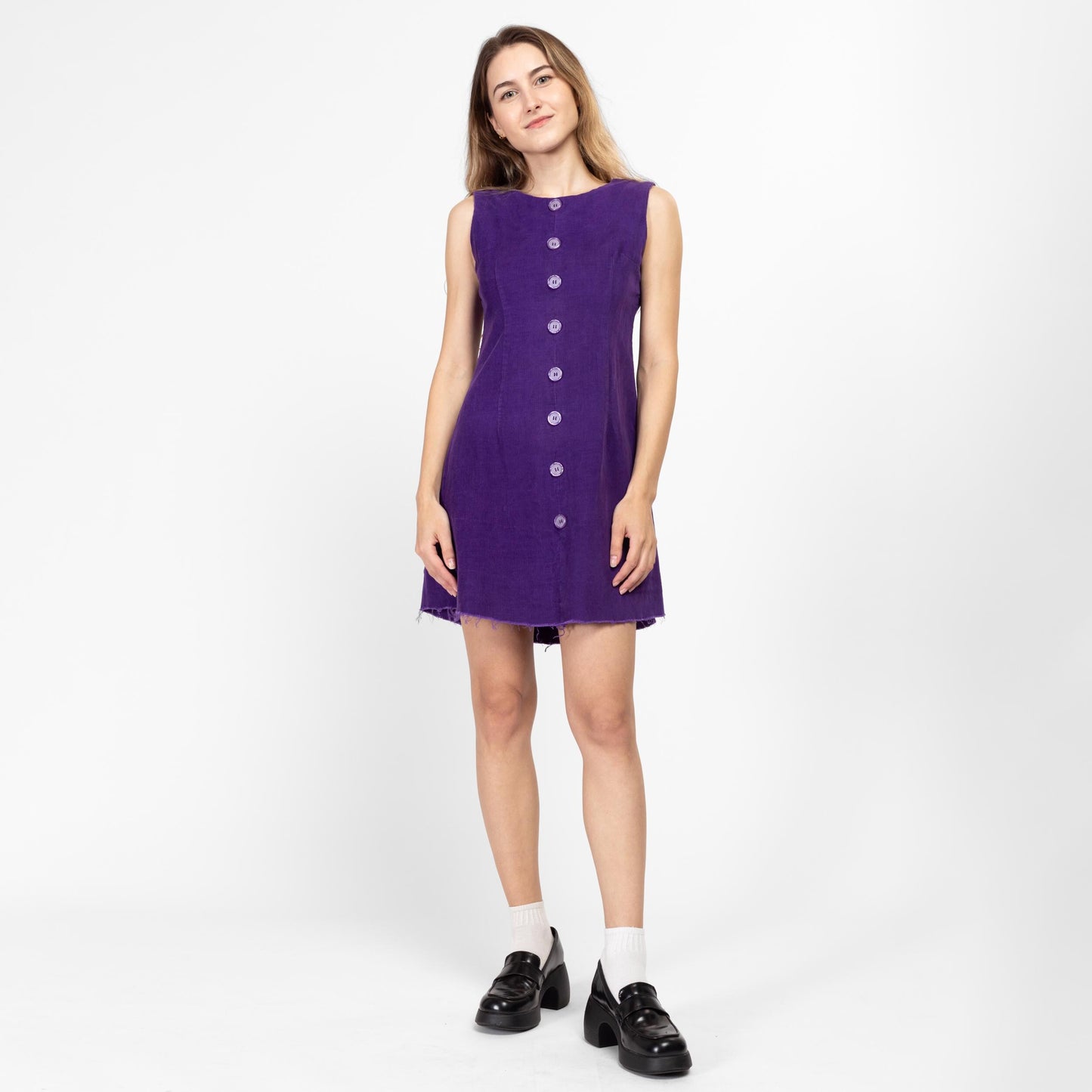 XS 60s Mod Purple Corduroy Mini Dress | Retro Vintage Sleeveless A Line Button Up Dress