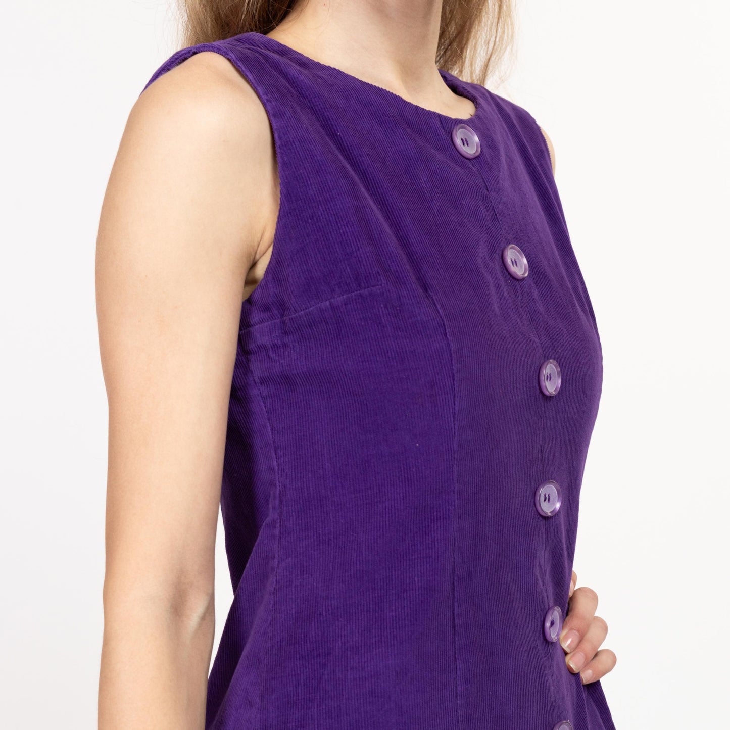 XS 60s Mod Purple Corduroy Mini Dress | Retro Vintage Sleeveless A Line Button Up Dress