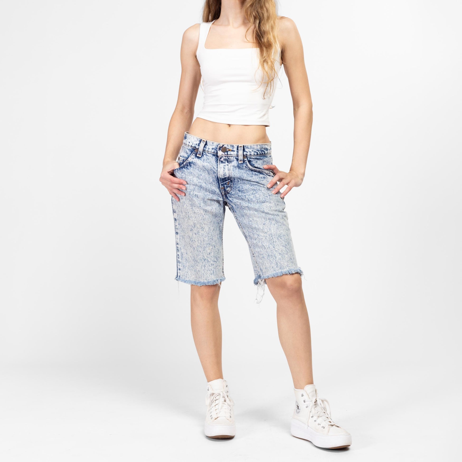 XS 90s Levi's Acid Wash Low Rise Jean Shorts | Vintage Cut Off Denim Long Inseam Bermuda Shorts