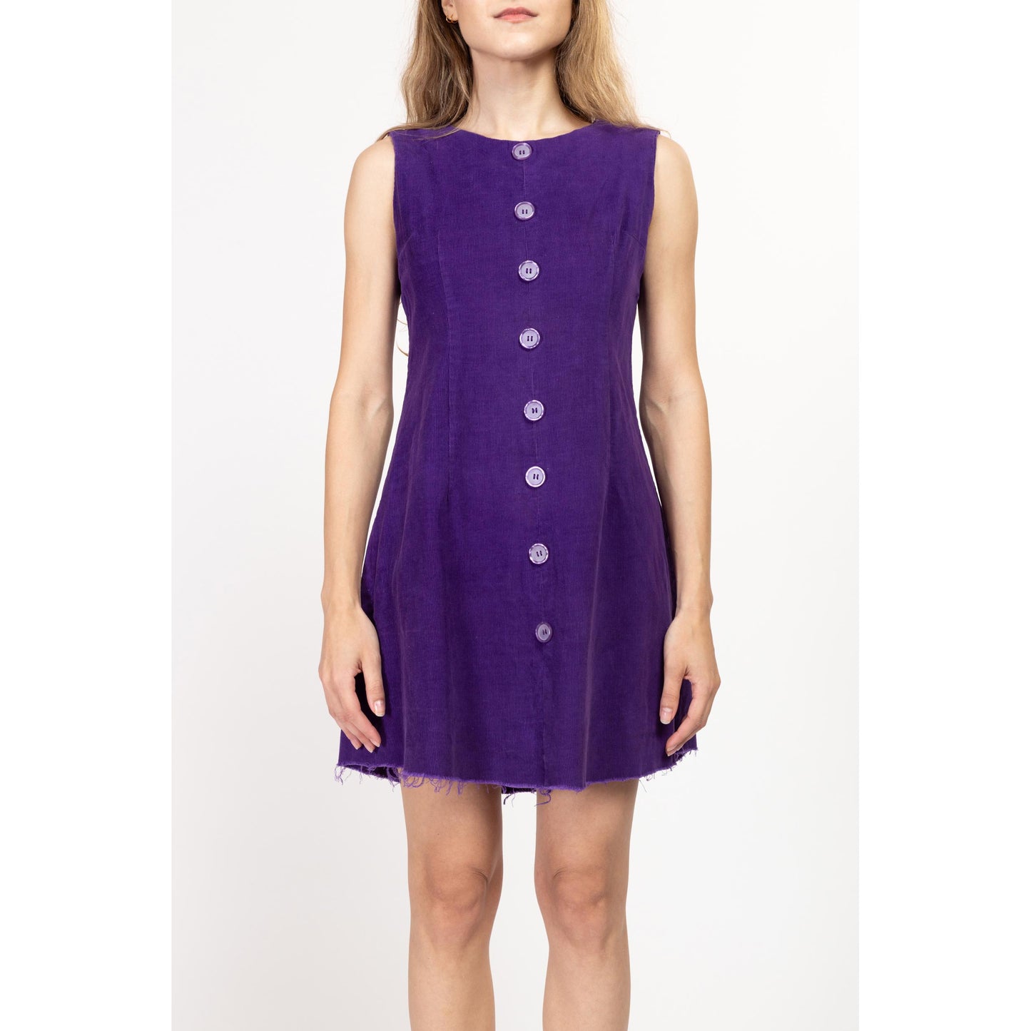 XS 60s Mod Purple Corduroy Mini Dress | Retro Vintage Sleeveless A Line Button Up Dress