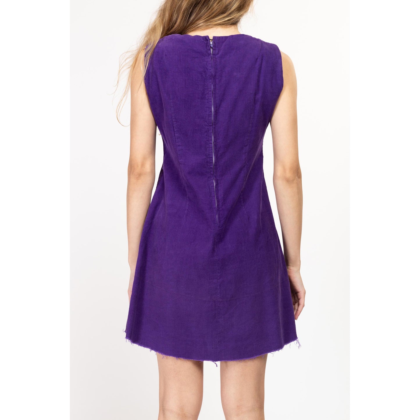 XS 60s Mod Purple Corduroy Mini Dress | Retro Vintage Sleeveless A Line Button Up Dress