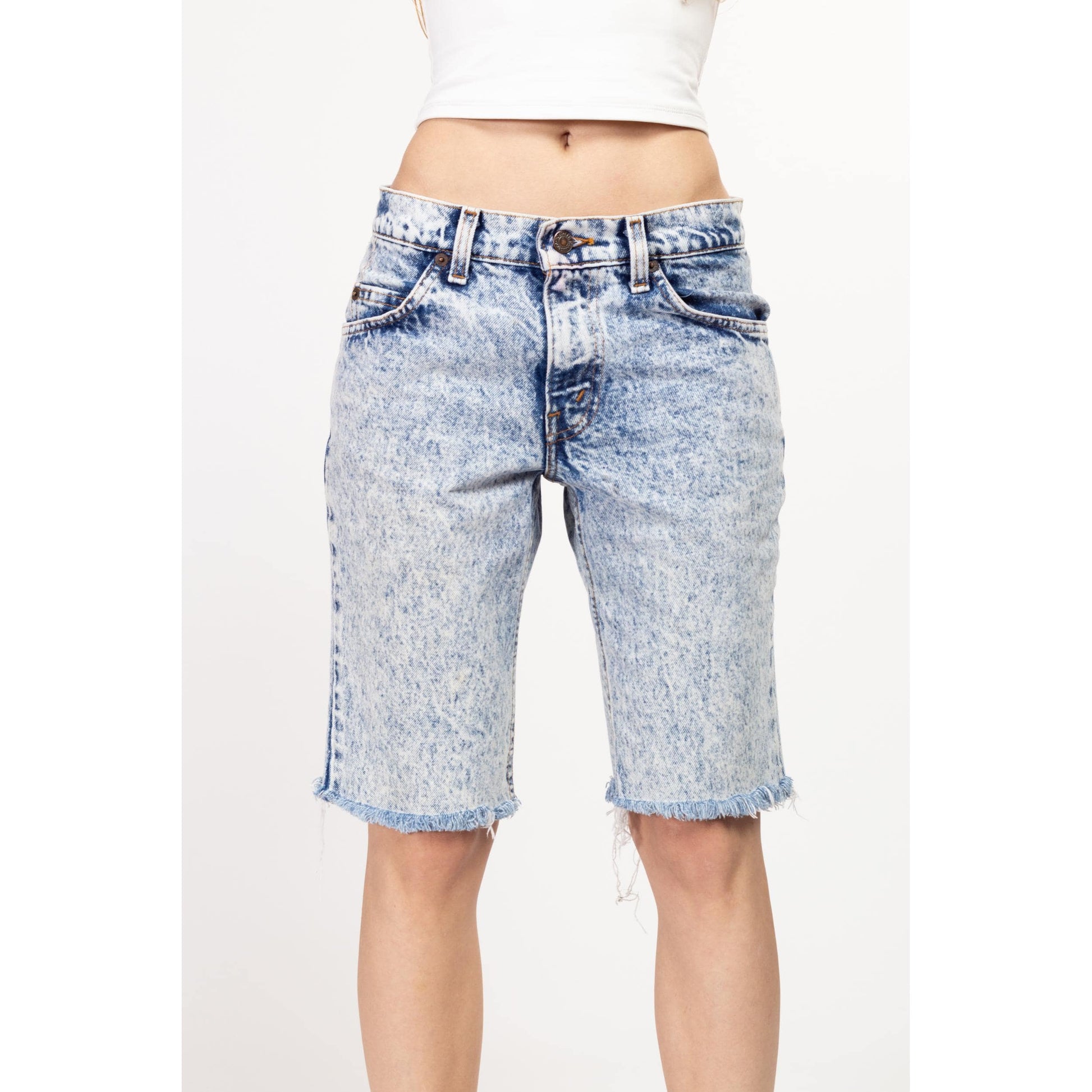 XS 90s Levi's Acid Wash Low Rise Jean Shorts | Vintage Cut Off Denim Long Inseam Bermuda Shorts