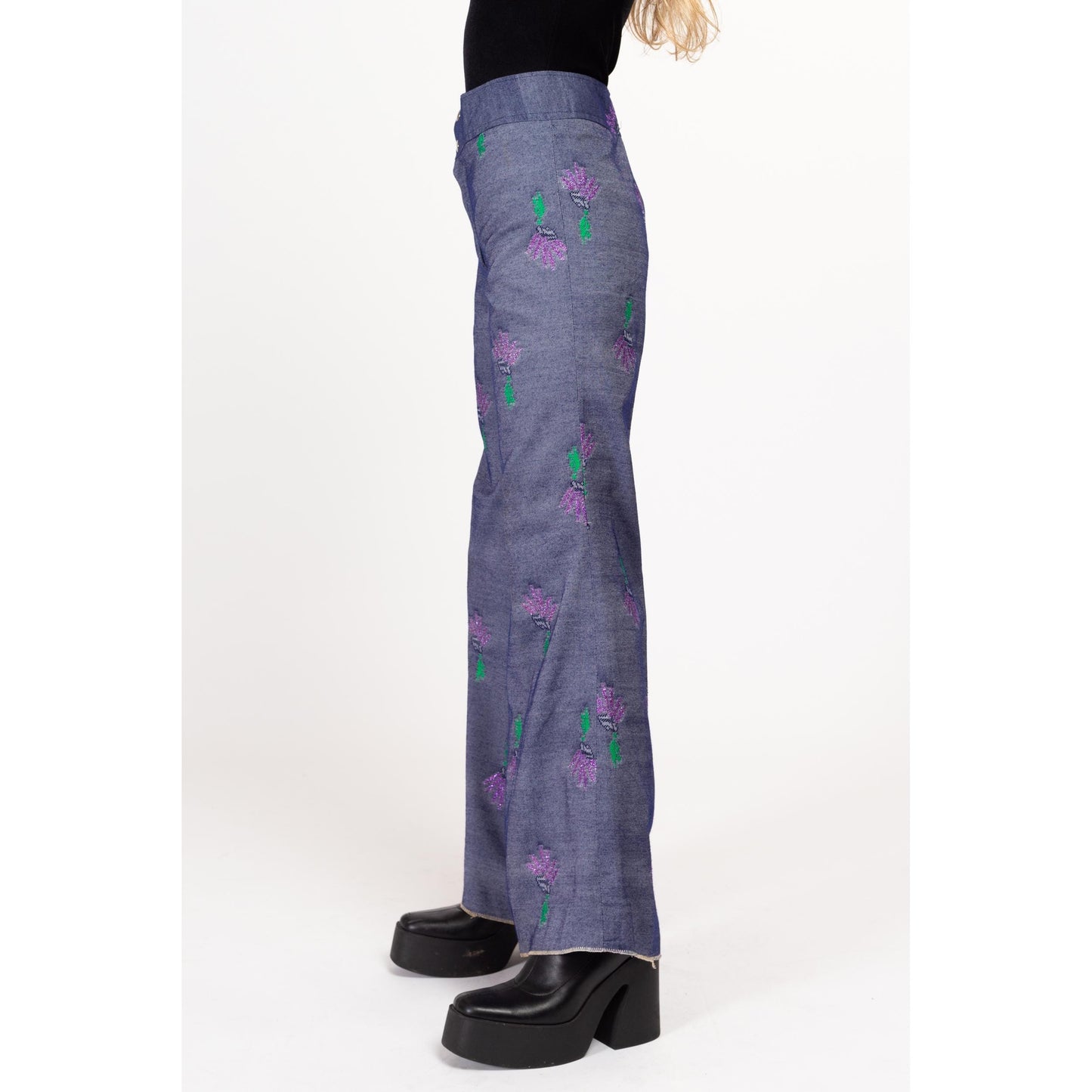 XS 70s Style Metallic Floral Bell Bottoms | Boho Vintage High Waisted Denim Look Flared Pants