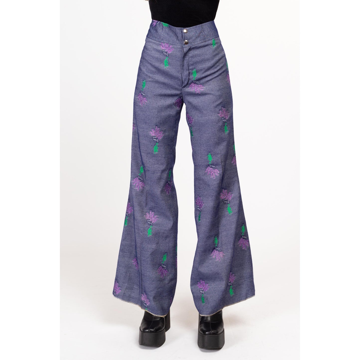 XS 70s Style Metallic Floral Bell Bottoms | Boho Vintage High Waisted Denim Look Flared Pants