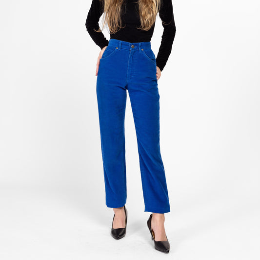 XXS 80s Lee Riders Royal Blue Corduroy Pants 23" Long | Vintage Union Made High Waisted Straight Leg Long Inseam Trousers