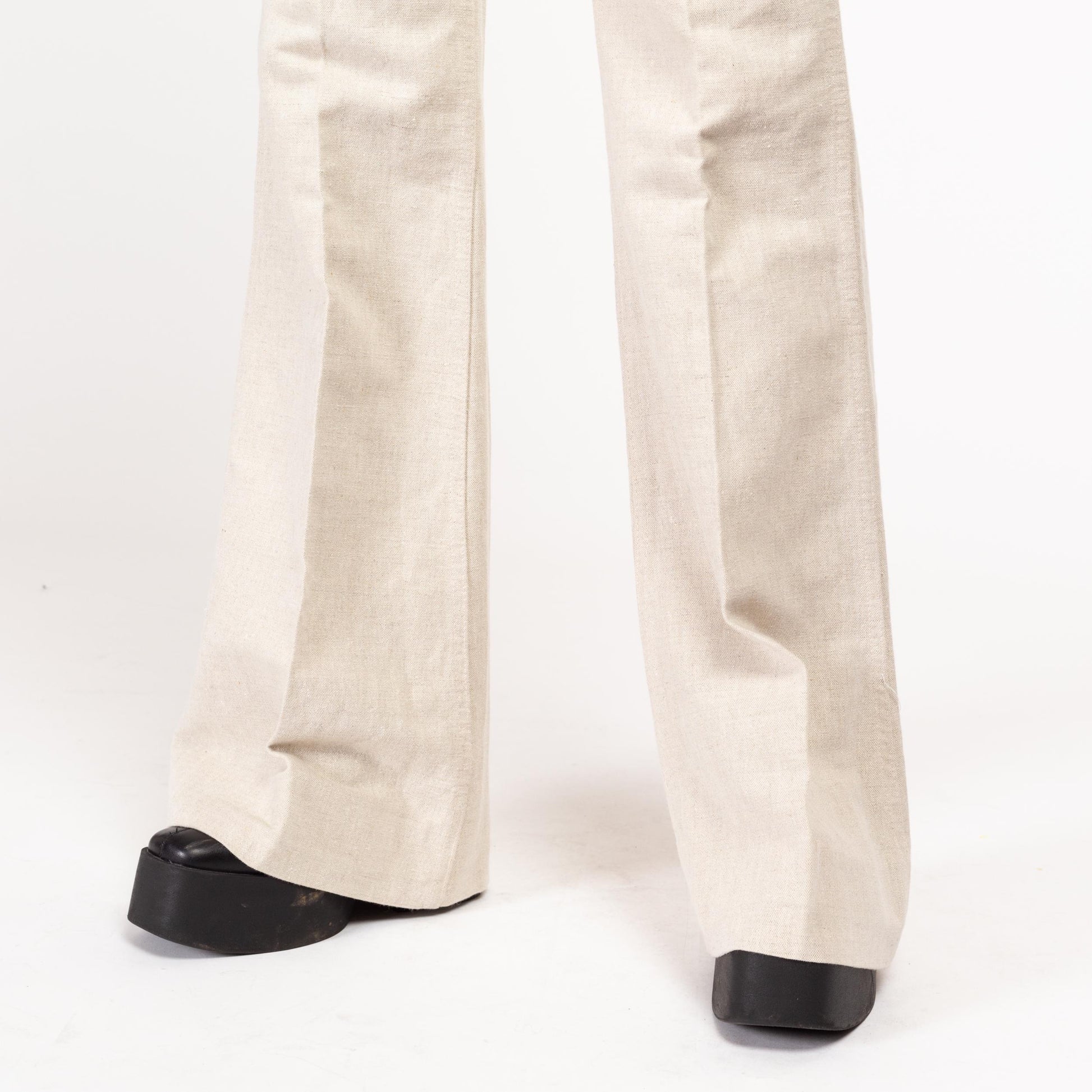 XS 70s Oatmeal Linen Blend Flared Pants | Vintage Boho Minimalist Mid Rise Bell Bottoms