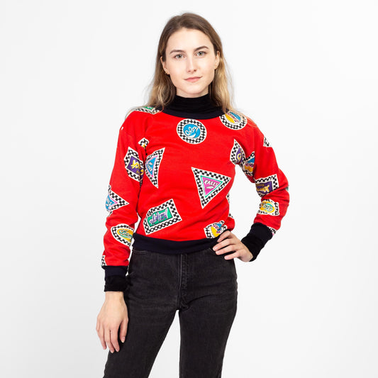 XXS 80s Red Race Car All-Over Print Sweatshirt | Vintage Cropped Pajama Crewneck