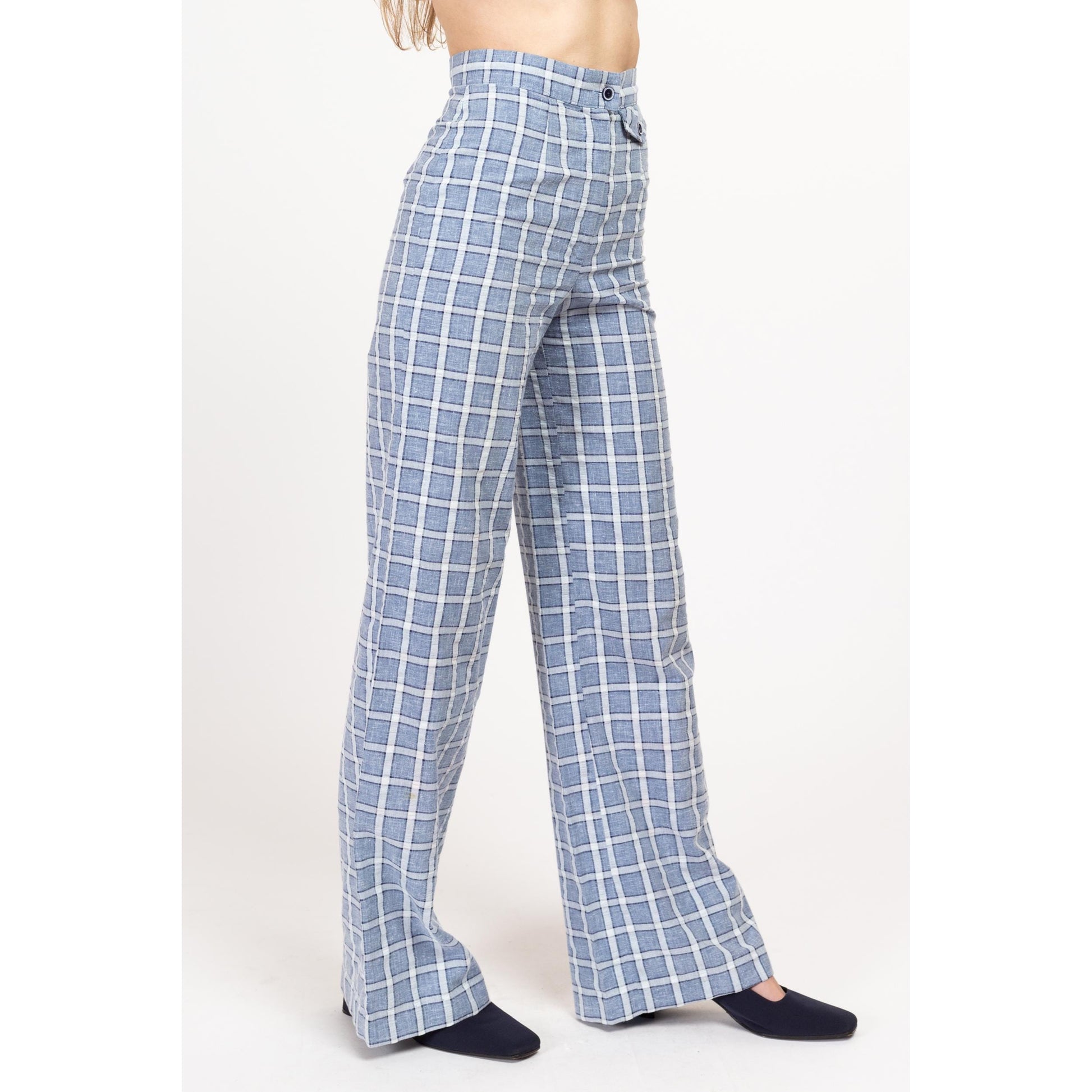 XXS 70s Blue & White Windowpane Plaid Flared Pants 22.5" | Vintage Seersucker High Waisted Retro Wide Leg Trousers