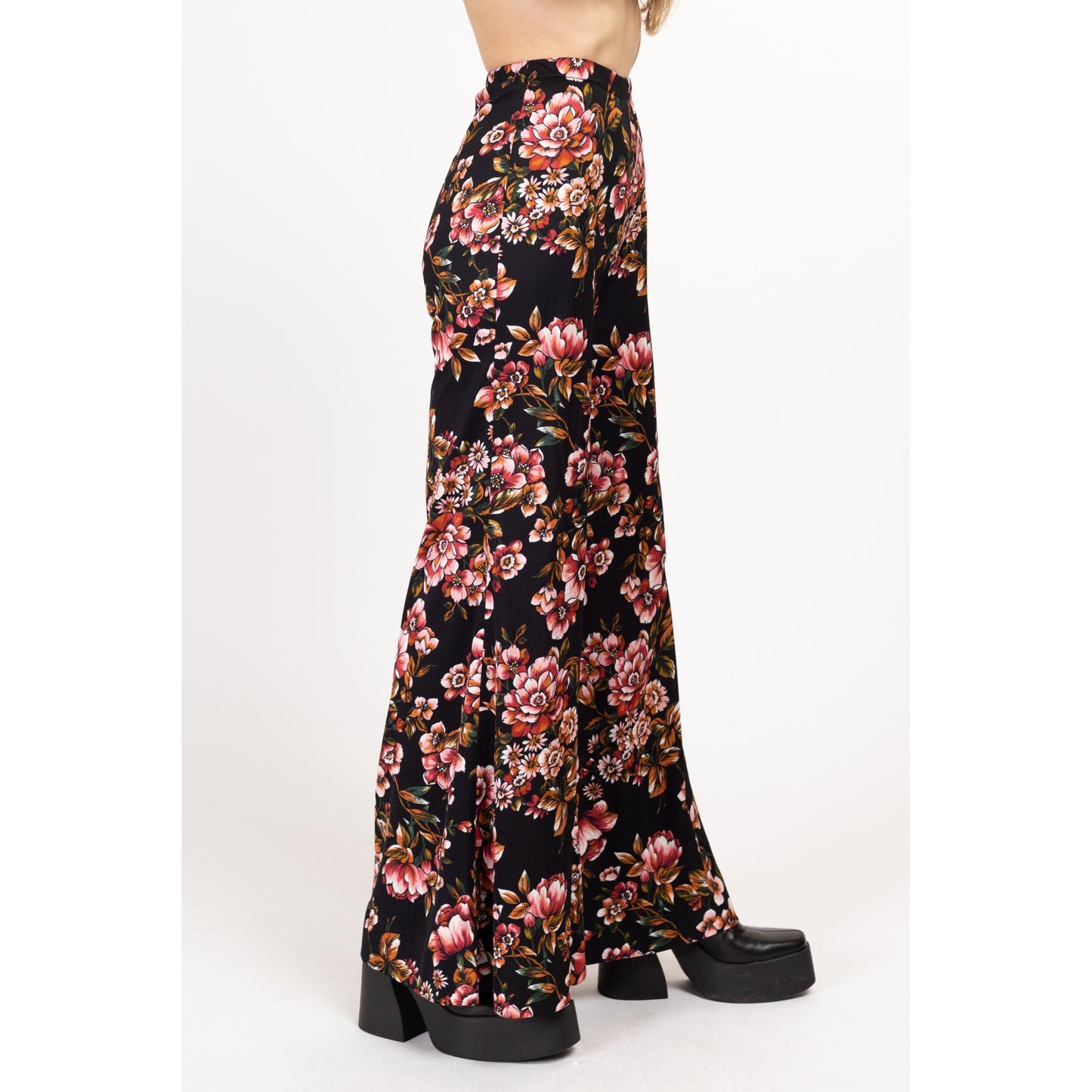 XXS-XS 70s Boho Black Floral Palazzo Pants 20"-24" | Vintage High Waisted Bell Bottoms Flared Trousers