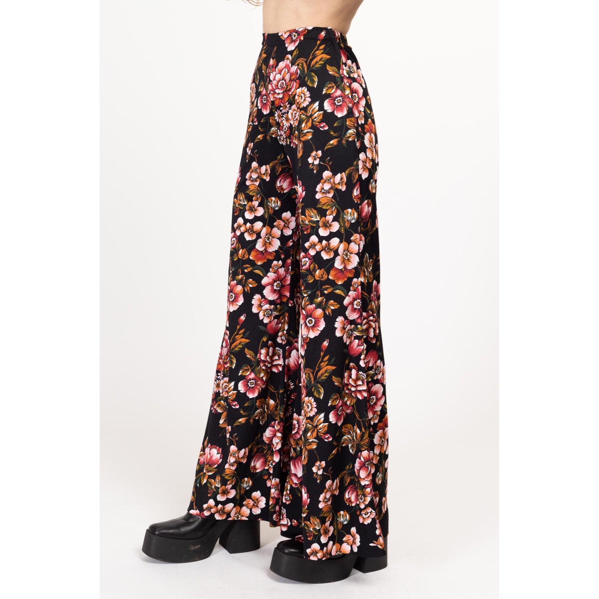 XXS-XS 70s Boho Black Floral Palazzo Pants 20"-24" | Vintage High Waisted Bell Bottoms Flared Trousers