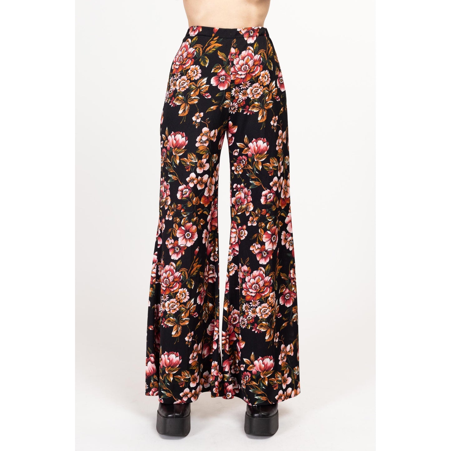 XXS-XS 70s Boho Black Floral Palazzo Pants 20"-24" | Vintage High Waisted Bell Bottoms Flared Trousers