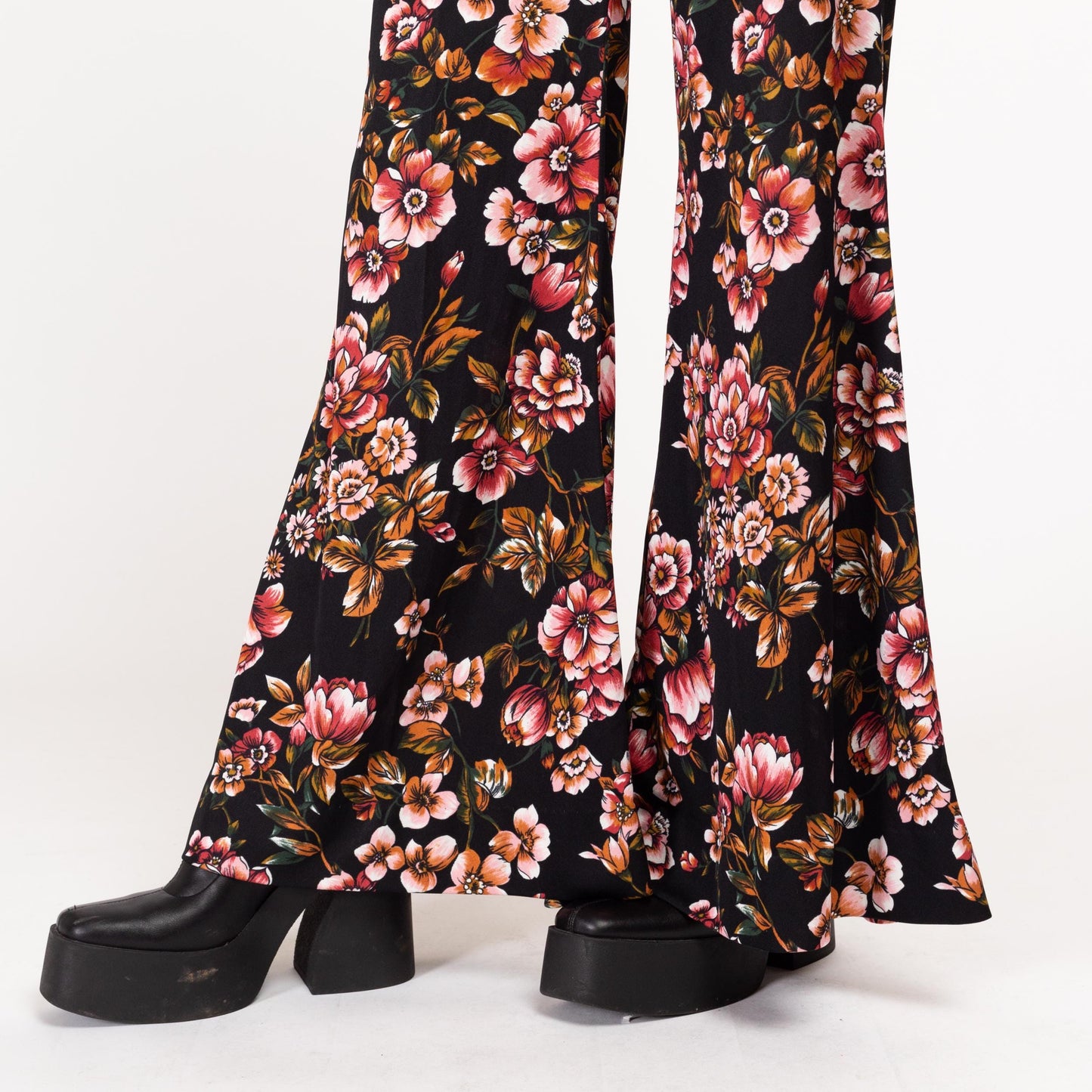 XXS-XS 70s Boho Black Floral Palazzo Pants 20"-24" | Vintage High Waisted Bell Bottoms Flared Trousers