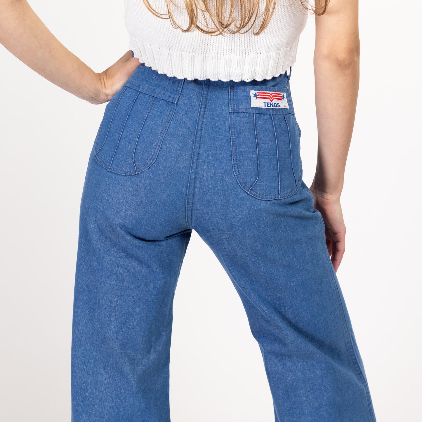 XS-Sm 70s Retro High Waisted Flared Jeans 27" | Vintage Medium Wash Chambray Denim Boho Bell Bottoms