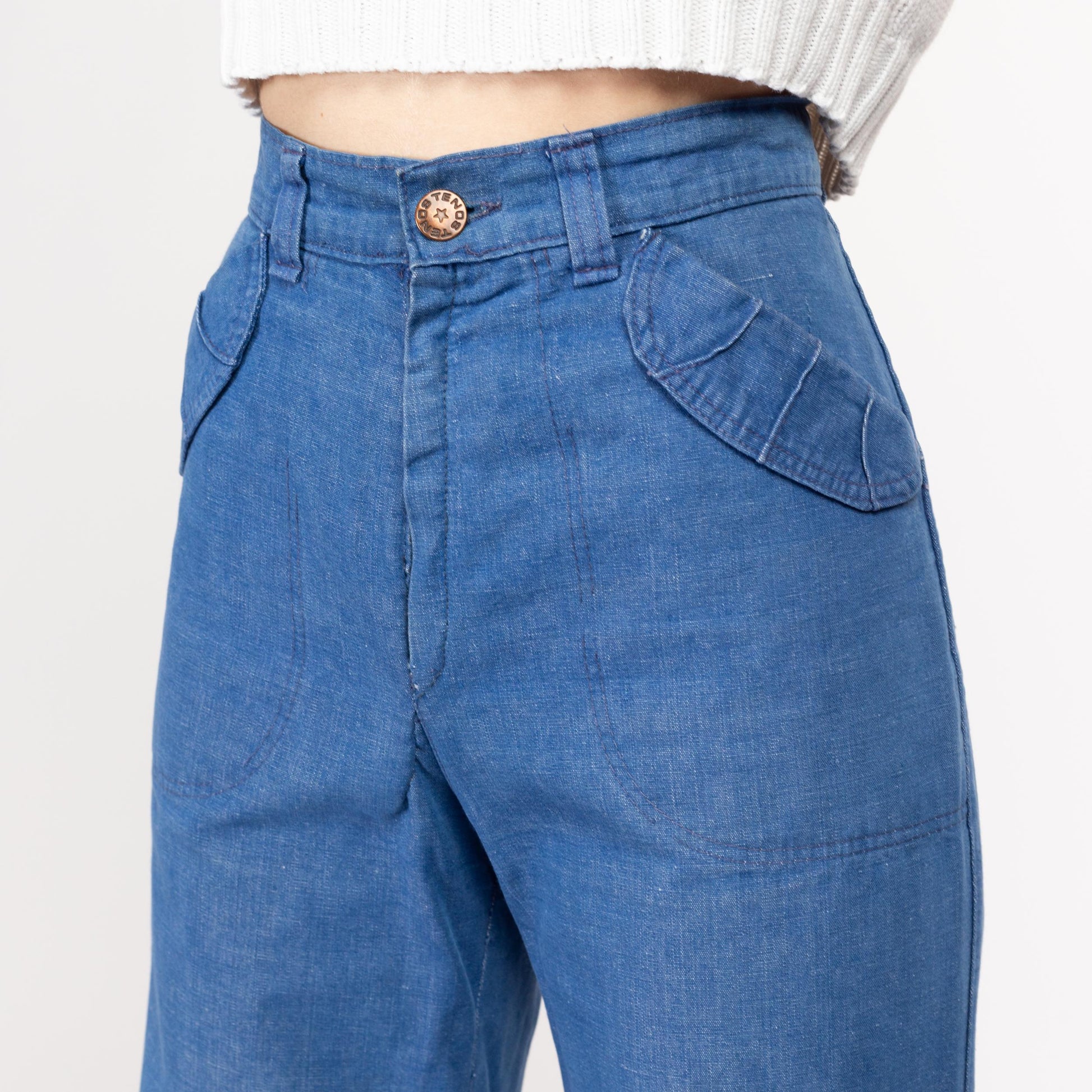 XS-Sm 70s Retro High Waisted Flared Jeans 27" | Vintage Medium Wash Chambray Denim Boho Bell Bottoms