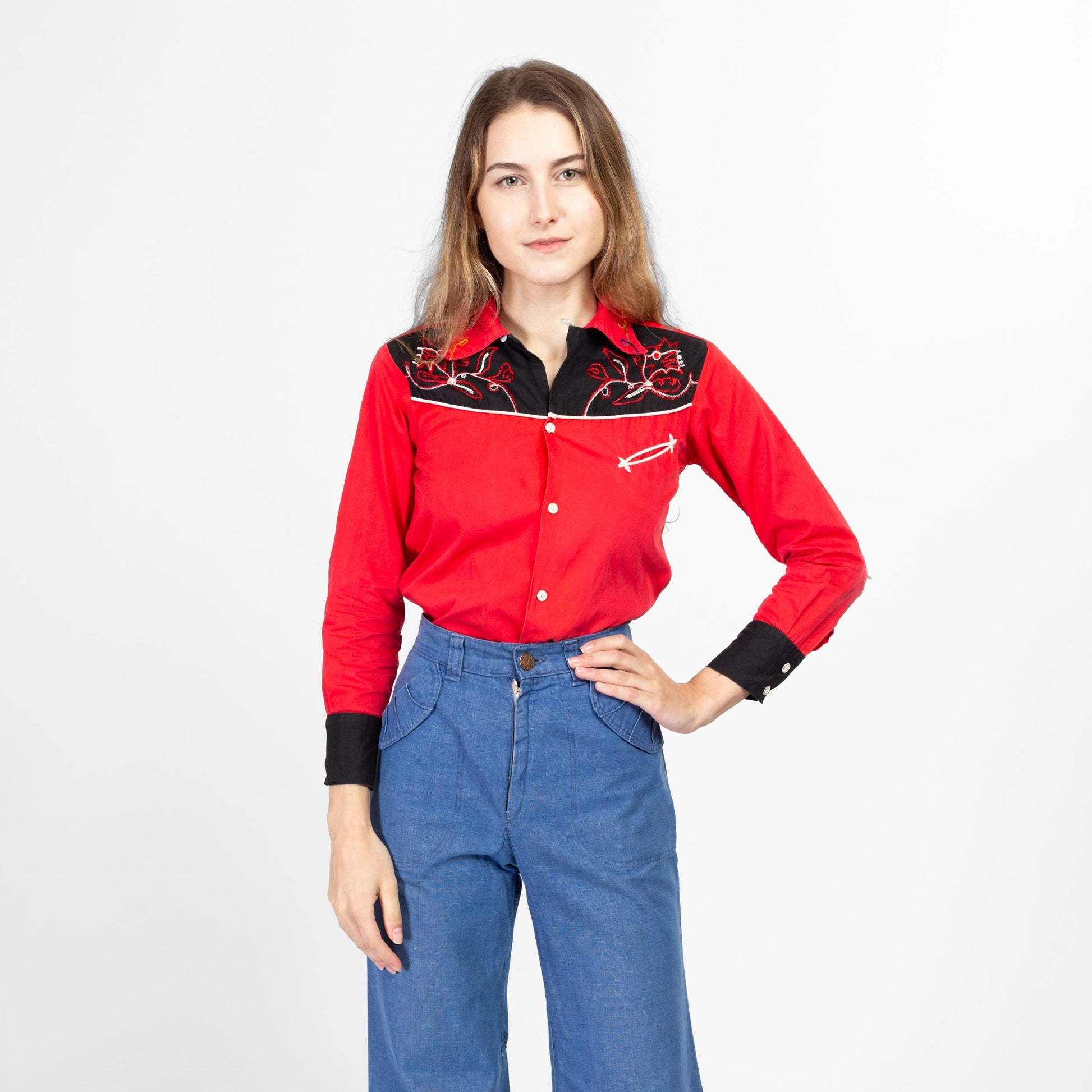 XXS 1950s J Bar T Red Embroidered Western Shirt | Vintage 50s Kids Rockabilly Yoke Top