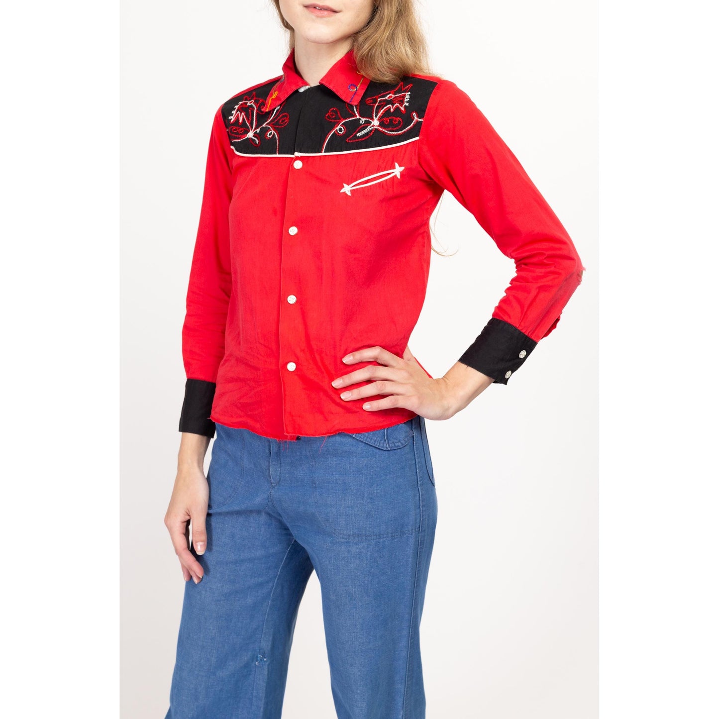 XXS 1950s J Bar T Red Embroidered Western Shirt | Vintage 50s Kids Rockabilly Yoke Top