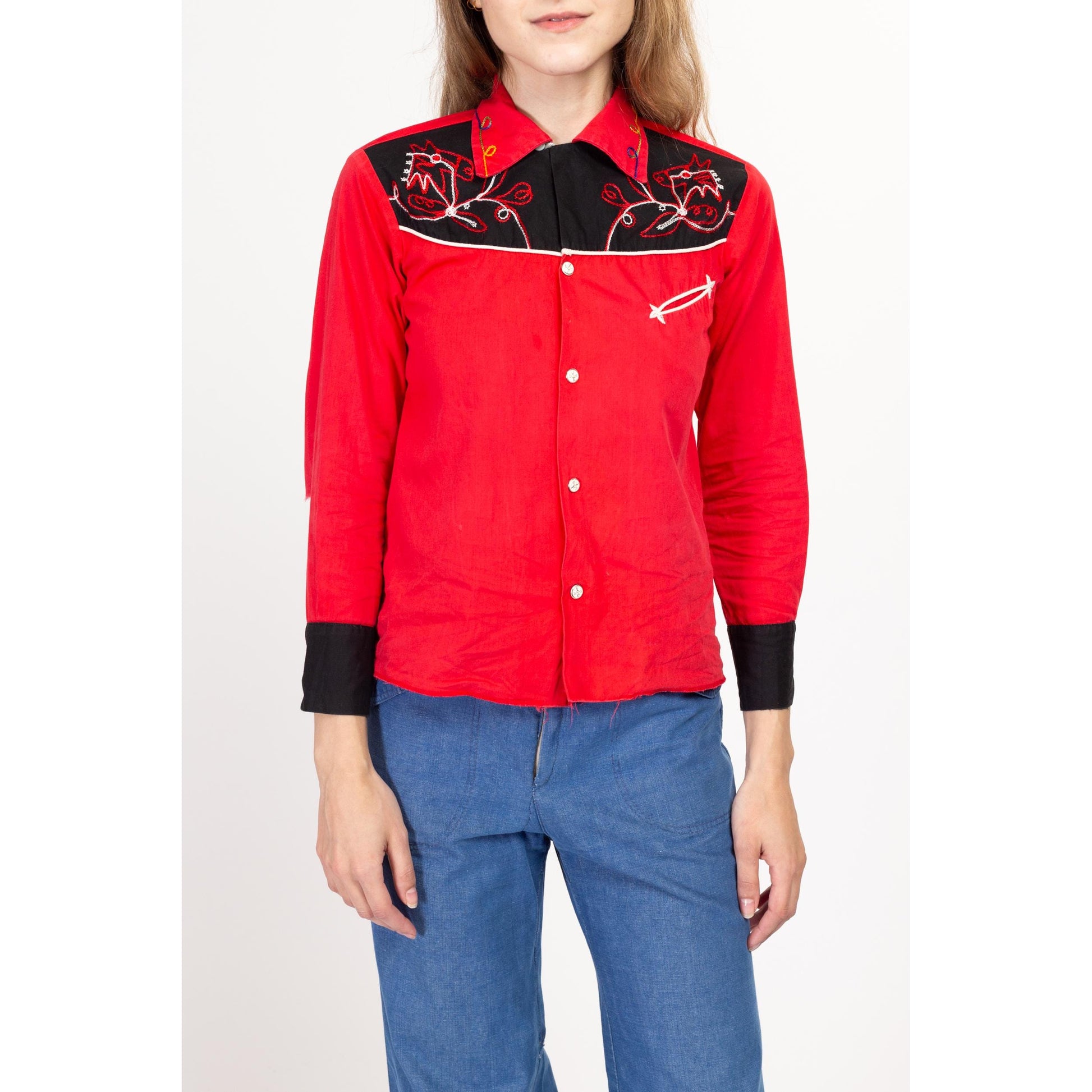 XXS 1950s J Bar T Red Embroidered Western Shirt | Vintage 50s Kids Rockabilly Yoke Top