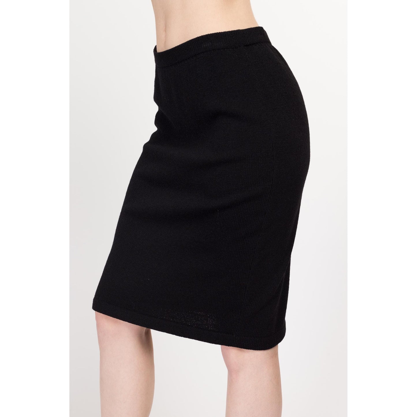 Sm-Med 80s Minimalist Black Knit Skirt | Vintage Knee Length Mid High Rise Pencil Skirt