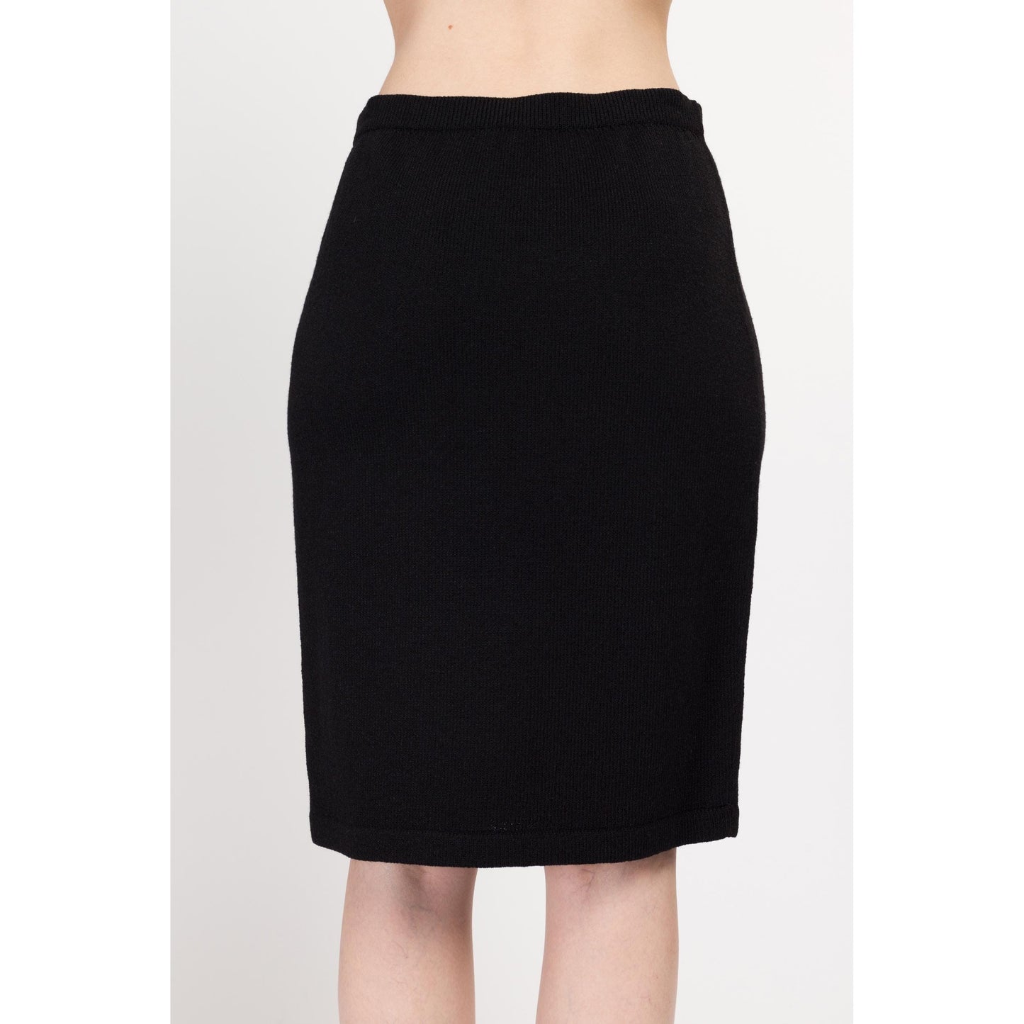 Sm-Med 80s Minimalist Black Knit Skirt | Vintage Knee Length Mid High Rise Pencil Skirt