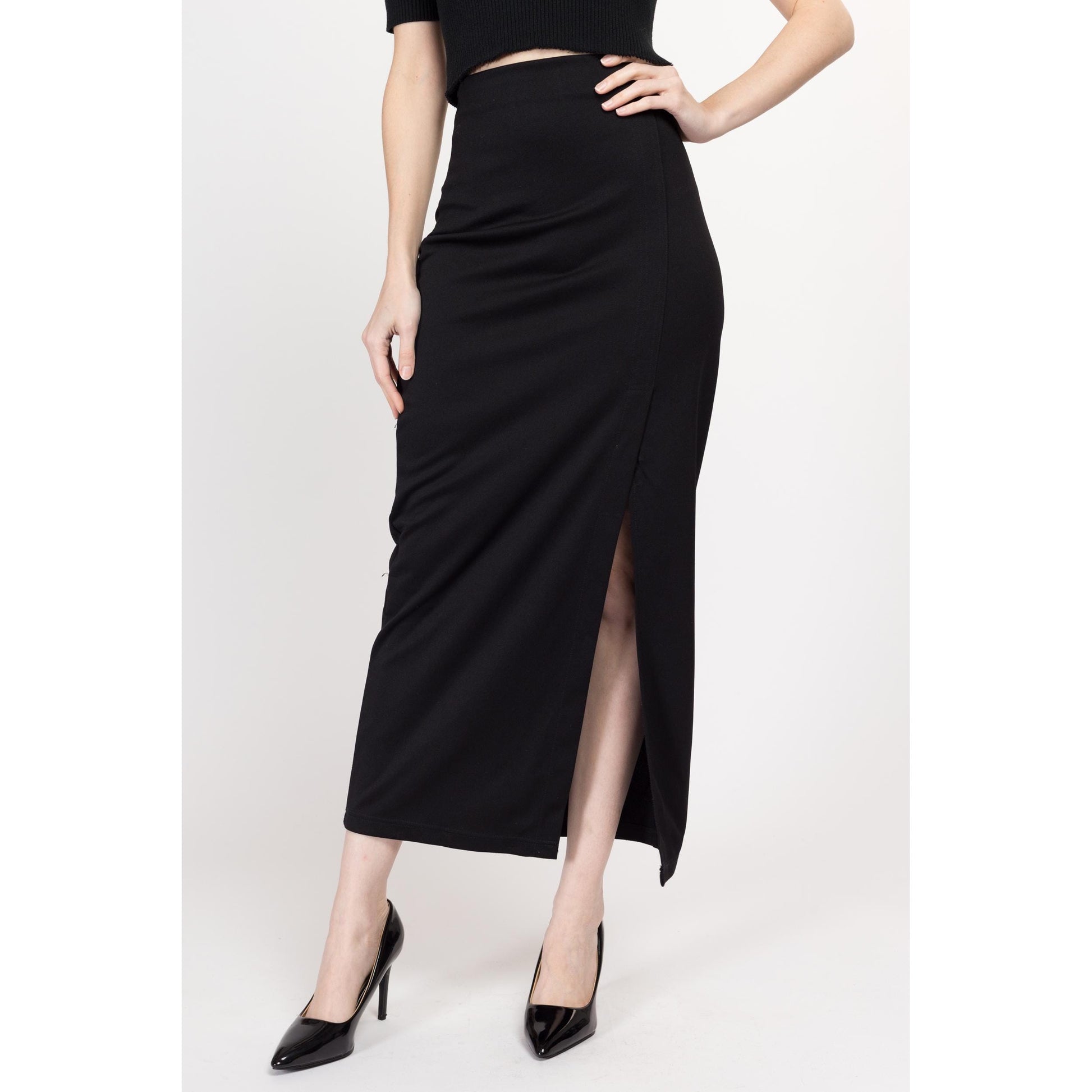 Small 90s Black High Slit Bodycon Maxi Skirt | Vintage Slinky Minimalist Fitted Pencil Skirt