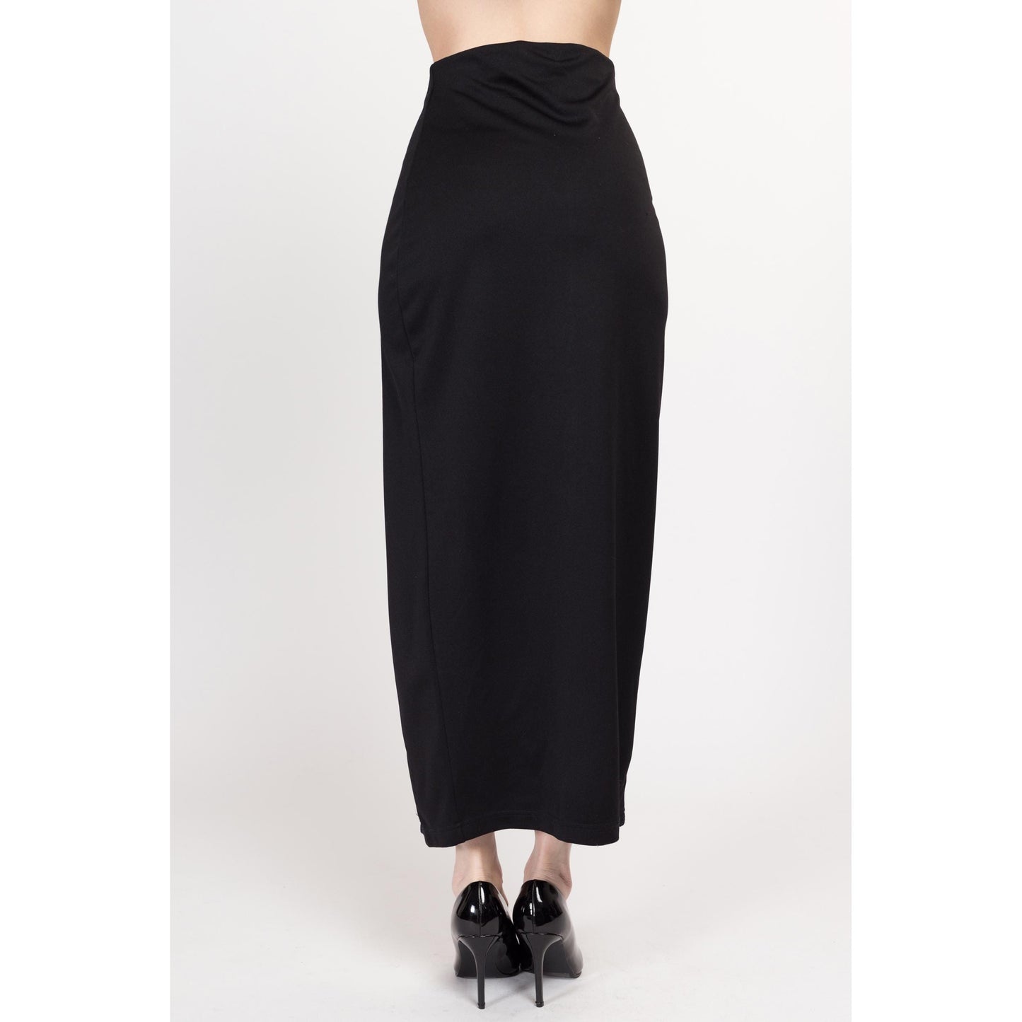 Small 90s Black High Slit Bodycon Maxi Skirt | Vintage Slinky Minimalist Fitted Pencil Skirt