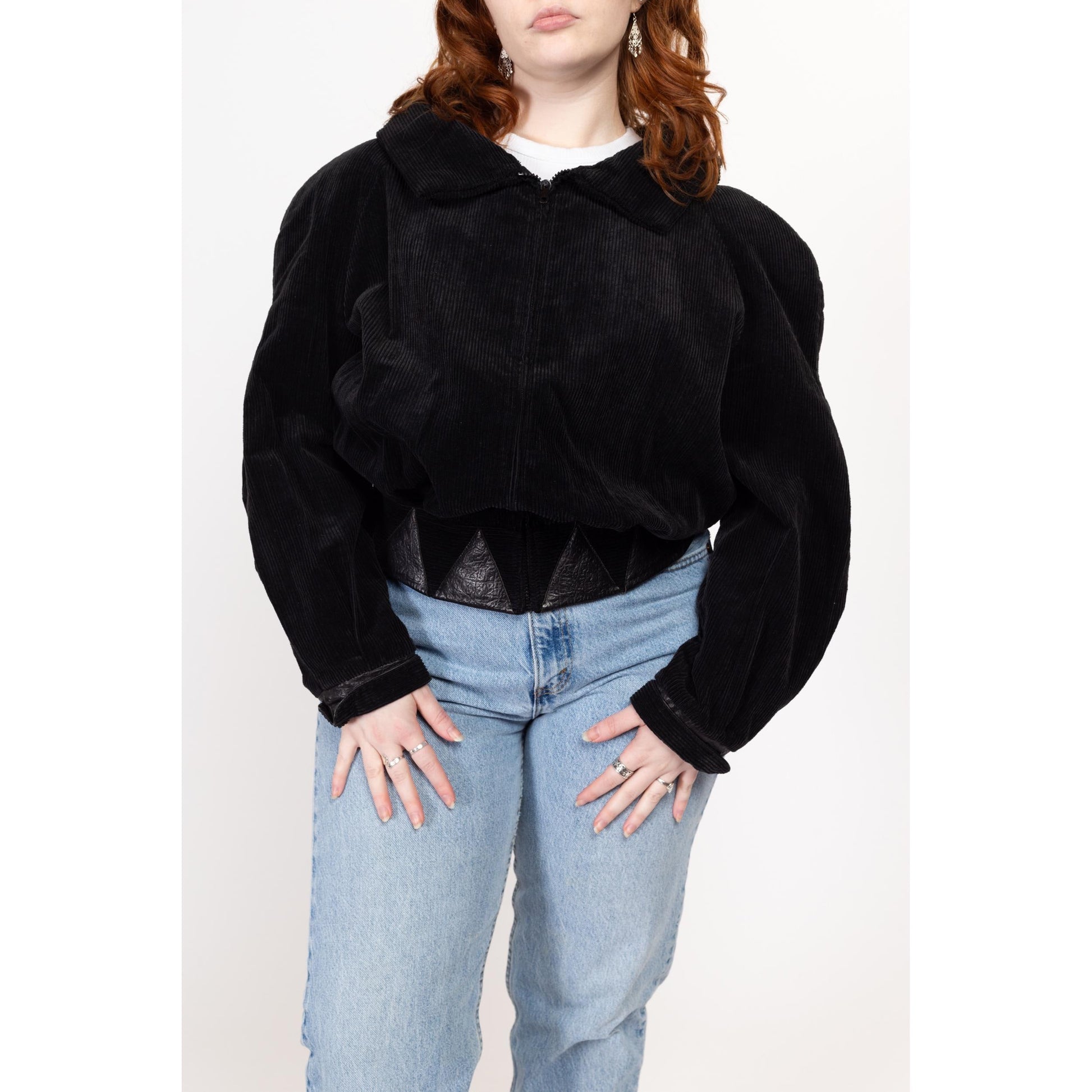 Large 80s Black Corduroy Leather Trim Crop Bomber Jacket | Vintage Women's Zip Up Collared Cropped Coat