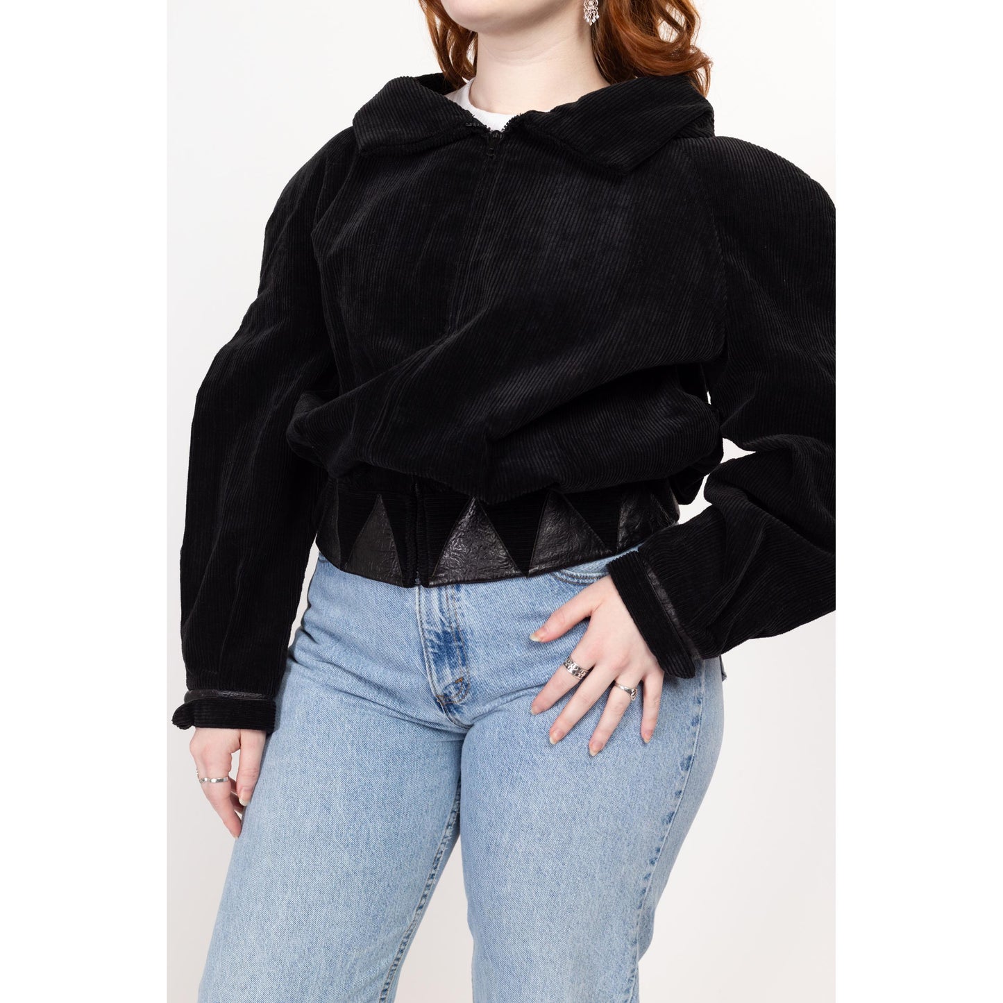 Large 80s Black Corduroy Leather Trim Crop Bomber Jacket | Vintage Women's Zip Up Collared Cropped Coat