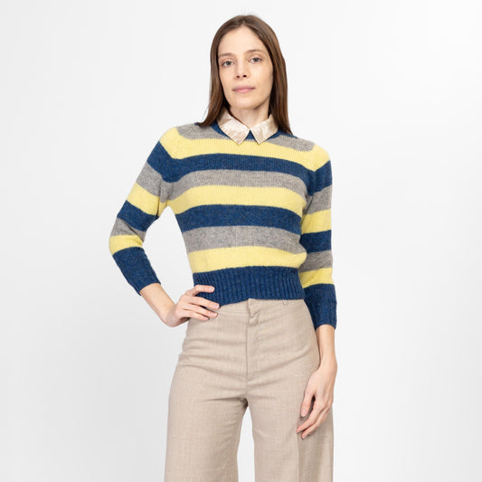 Petite XS 70s Striped Shetland Wool Cropped Sweater | Vintage Blue Yellow Retro Knit Pullover Jumper