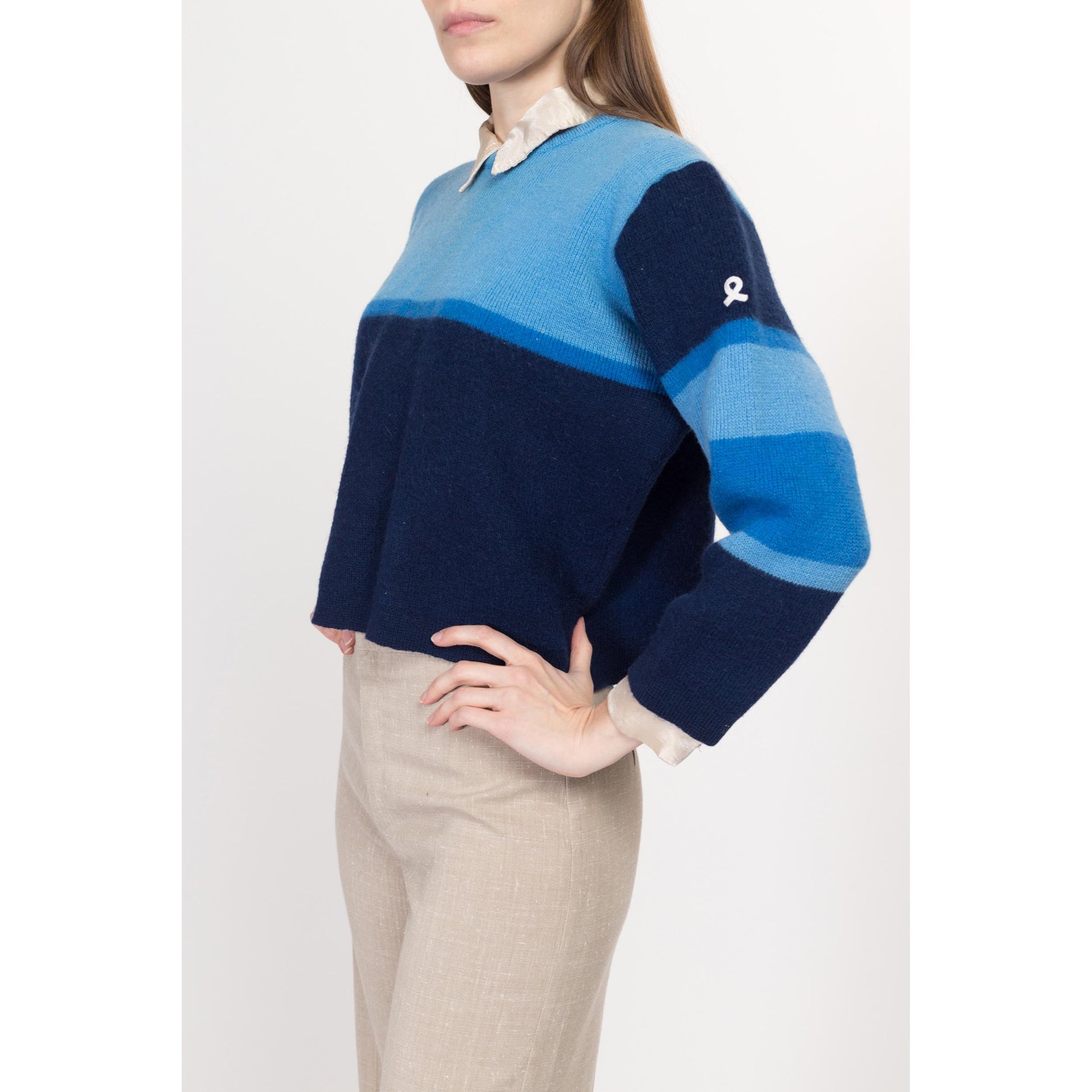 Large 70s Demetre Blue Color Block Cropped Wool Sweater | Retro Vintage Striped Ski Pullover