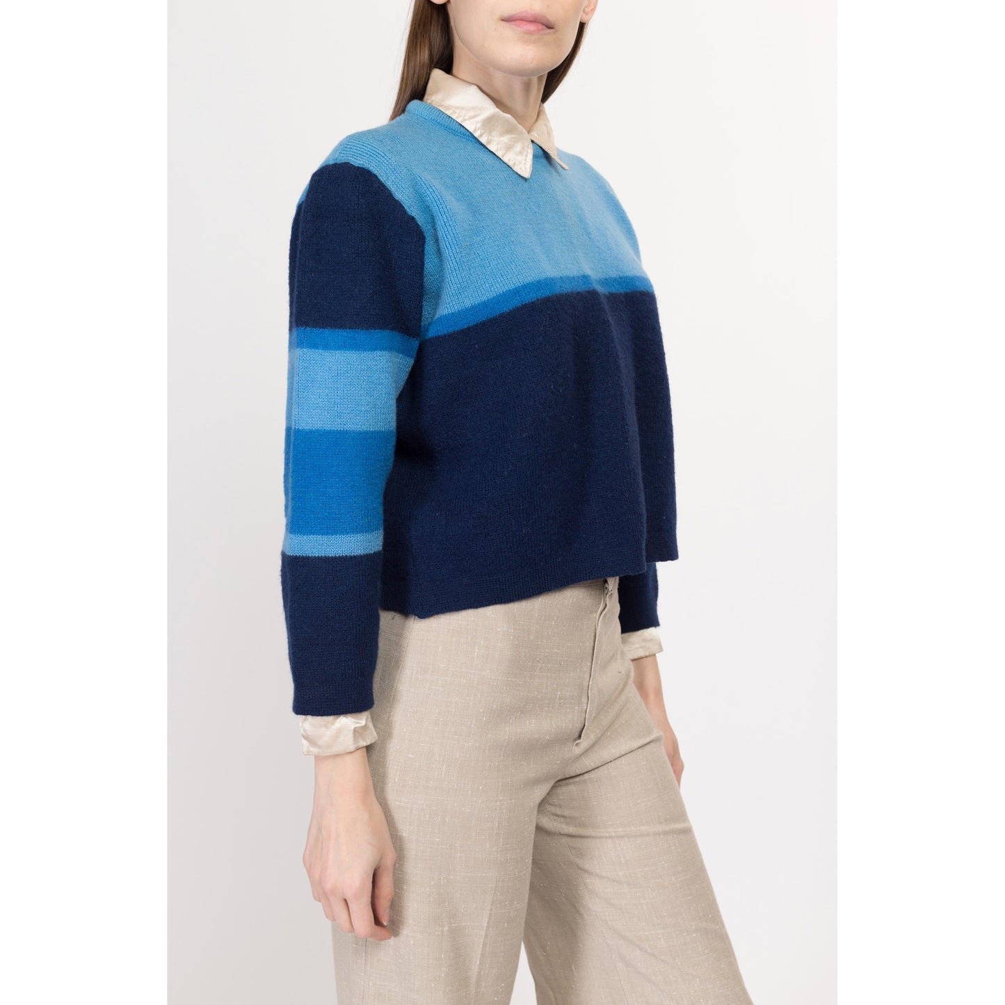 Large 70s Demetre Blue Color Block Cropped Wool Sweater | Retro Vintage Striped Ski Pullover