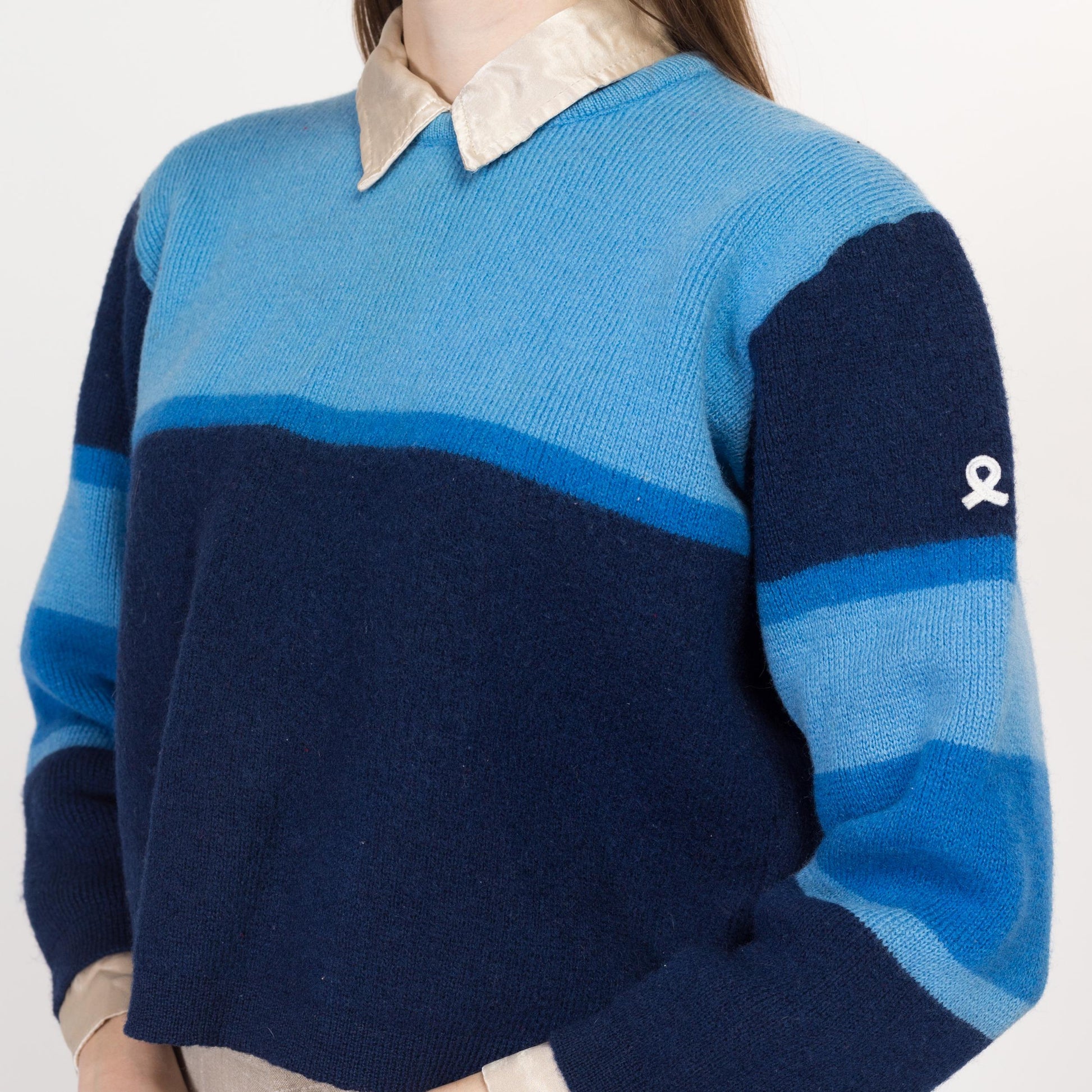 Large 70s Demetre Blue Color Block Cropped Wool Sweater | Retro Vintage Striped Ski Pullover