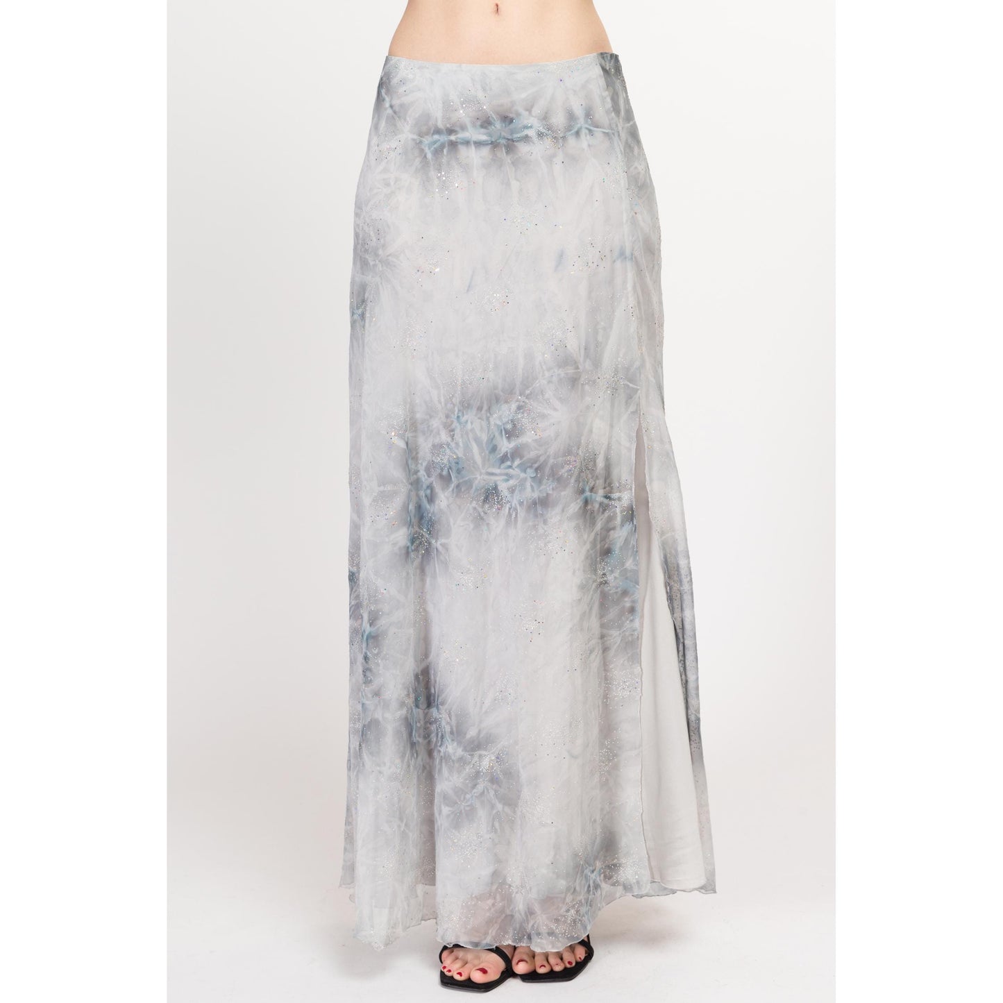 Small Y2K Snow Queen Silk Sparkle Maxi Skirt | Boho Vintage Blue Silver Glitter Tie Dye Glam Long Skirt