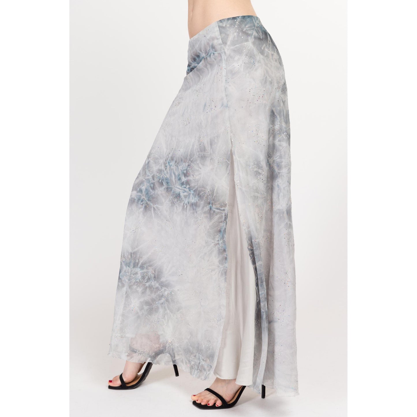 Small Y2K Snow Queen Silk Sparkle Maxi Skirt | Boho Vintage Blue Silver Glitter Tie Dye Glam Long Skirt