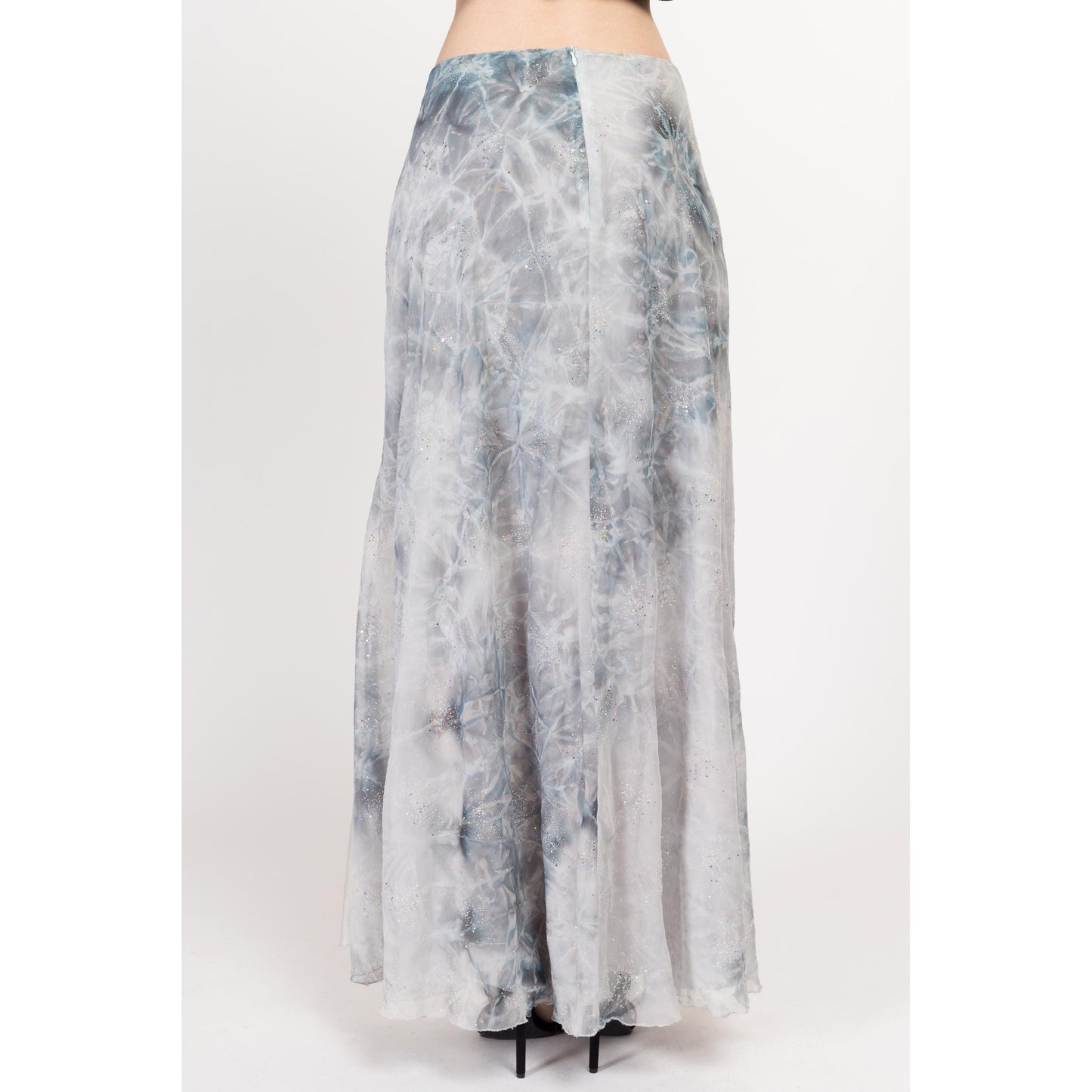 Small Y2K Snow Queen Silk Sparkle Maxi Skirt | Boho Vintage Blue Silver Glitter Tie Dye Glam Long Skirt