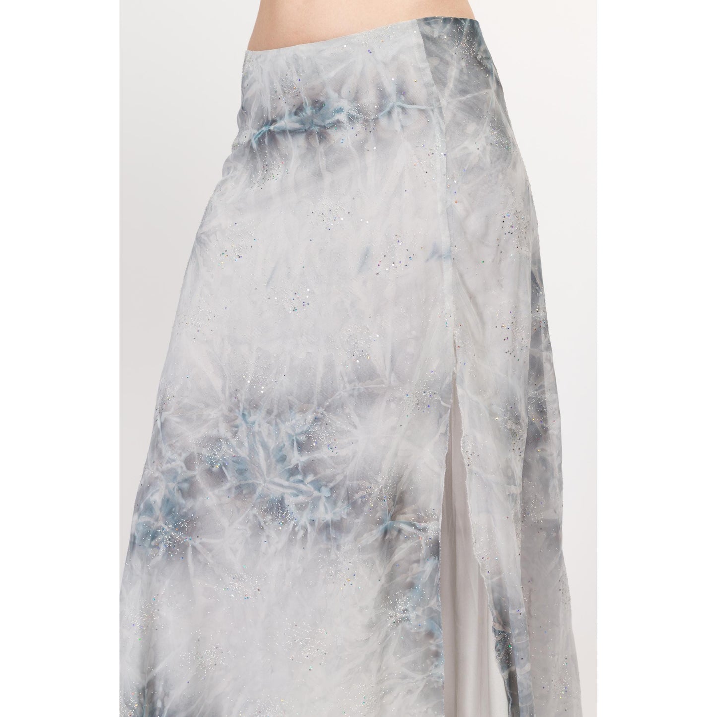 Small Y2K Snow Queen Silk Sparkle Maxi Skirt | Boho Vintage Blue Silver Glitter Tie Dye Glam Long Skirt