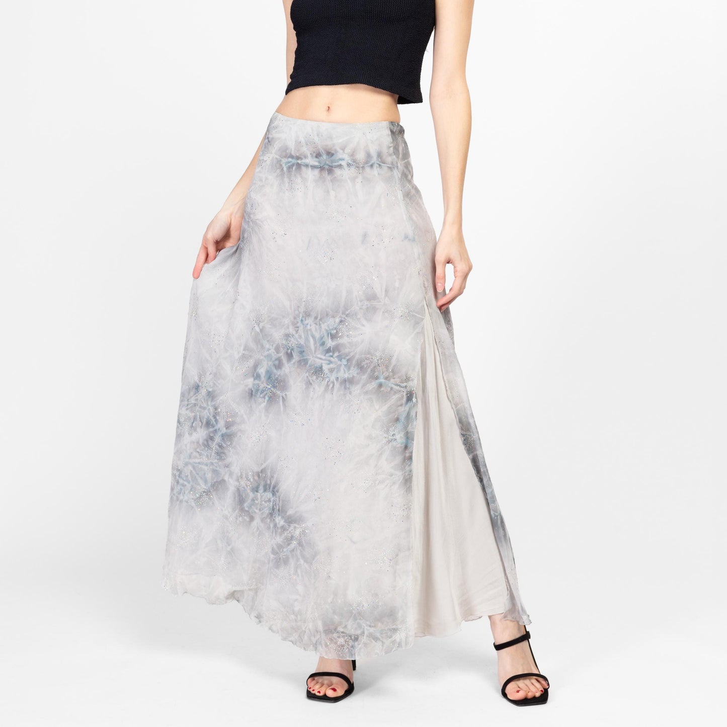 Small Y2K Snow Queen Silk Sparkle Maxi Skirt | Boho Vintage Blue Silver Glitter Tie Dye Glam Long Skirt