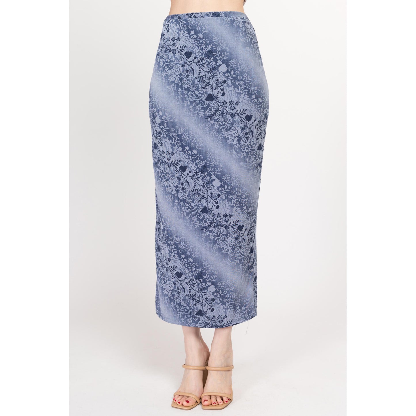 Small 90s Slinky Blue Floral Maxi Skirt | Vintage Grunge High Waisted Stretchy Ankle Length Skirt