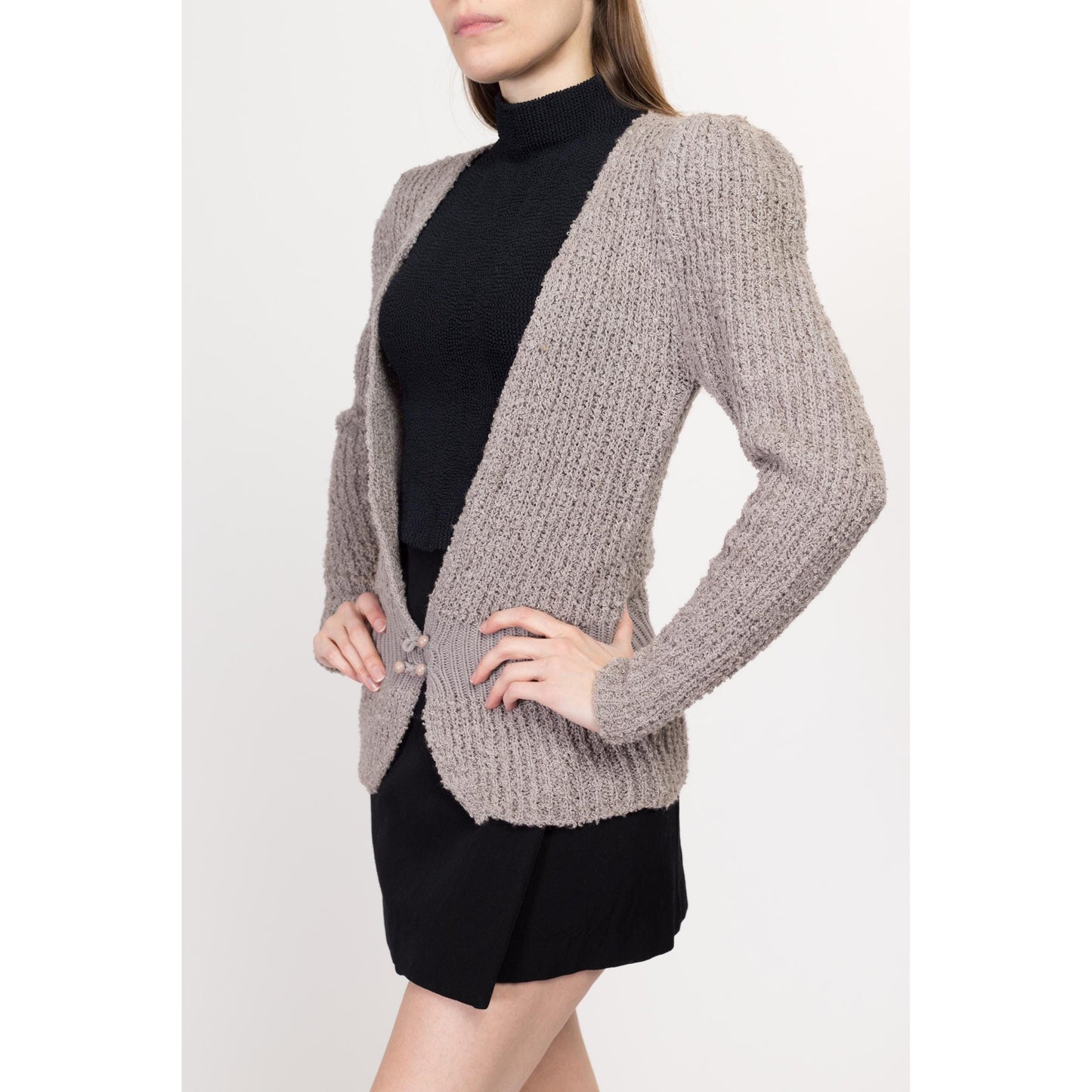 Medium 80s Taupe Boucle Knit Fitted Waist Cardigan | Vintage Deep V Puff Sleeve Sweater